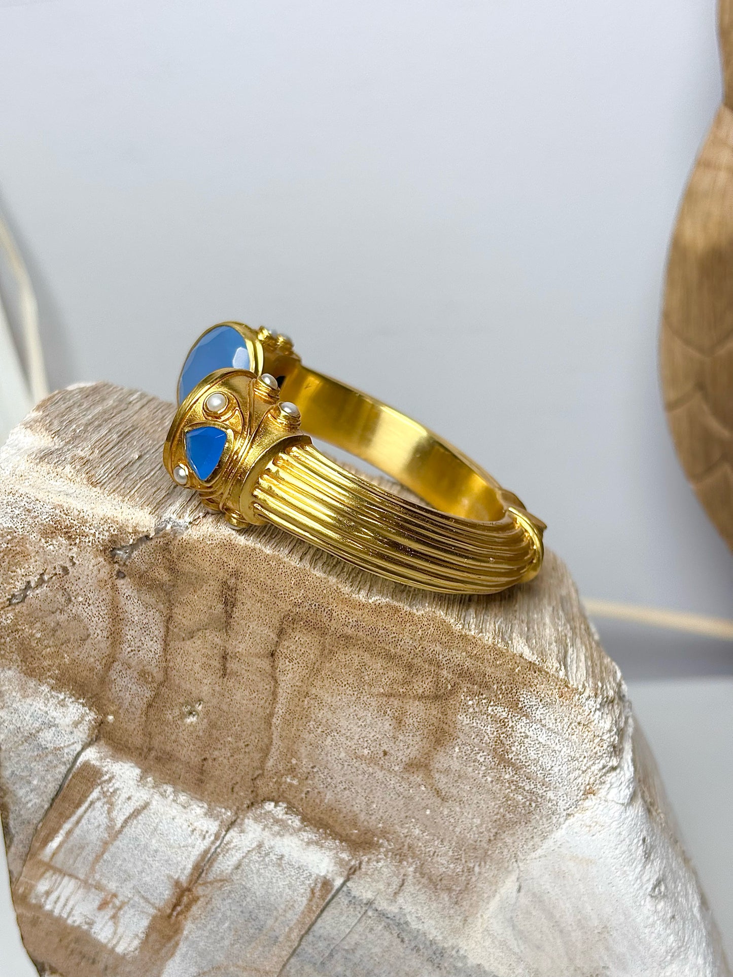 Gold Julie Vos 24K plated Cuff Blue Stone, Pearl Bracelet