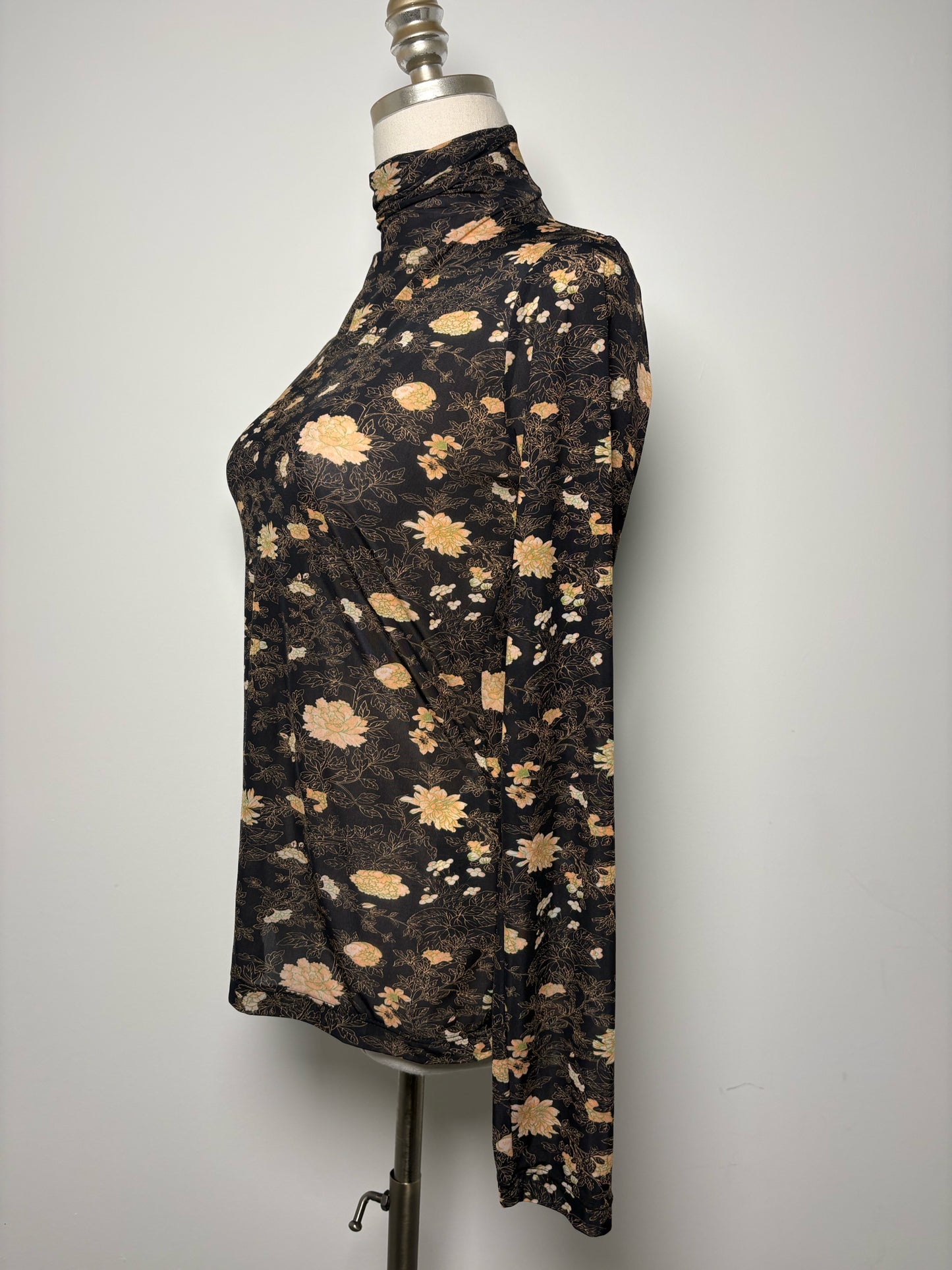 Women Size L Momoni Black, Khaki, Charcoal Floral Print Turtleneck Sheer Shirt