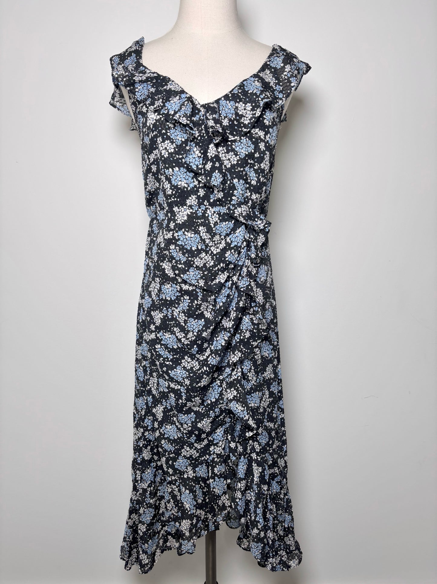 Women Size 2 Veronica Beard Blue, Black, White Floral Silk Dress
