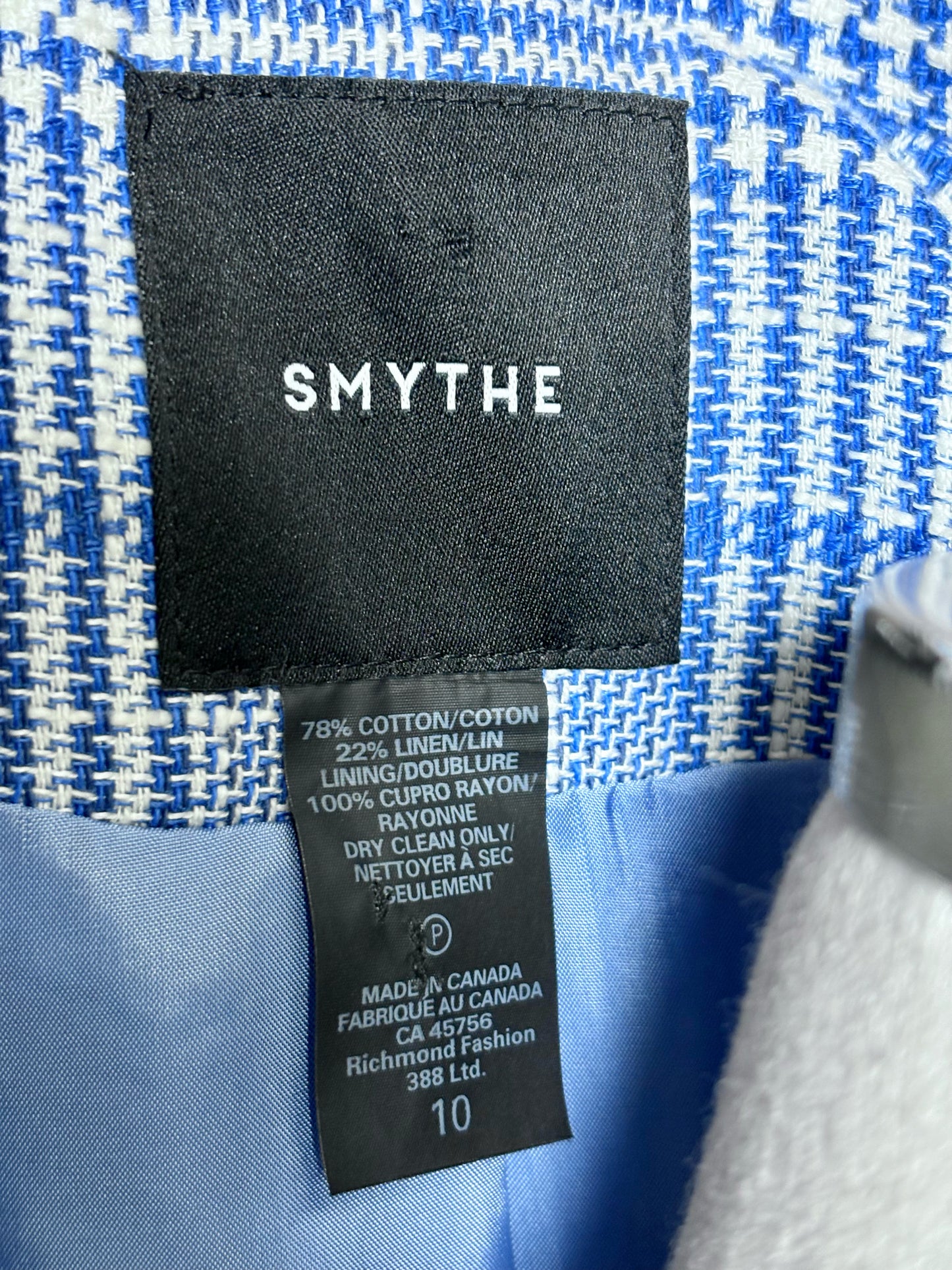 Women Size 10 Smythe Blue, White Plaid Cotton/Linen Pre-owned Jacket