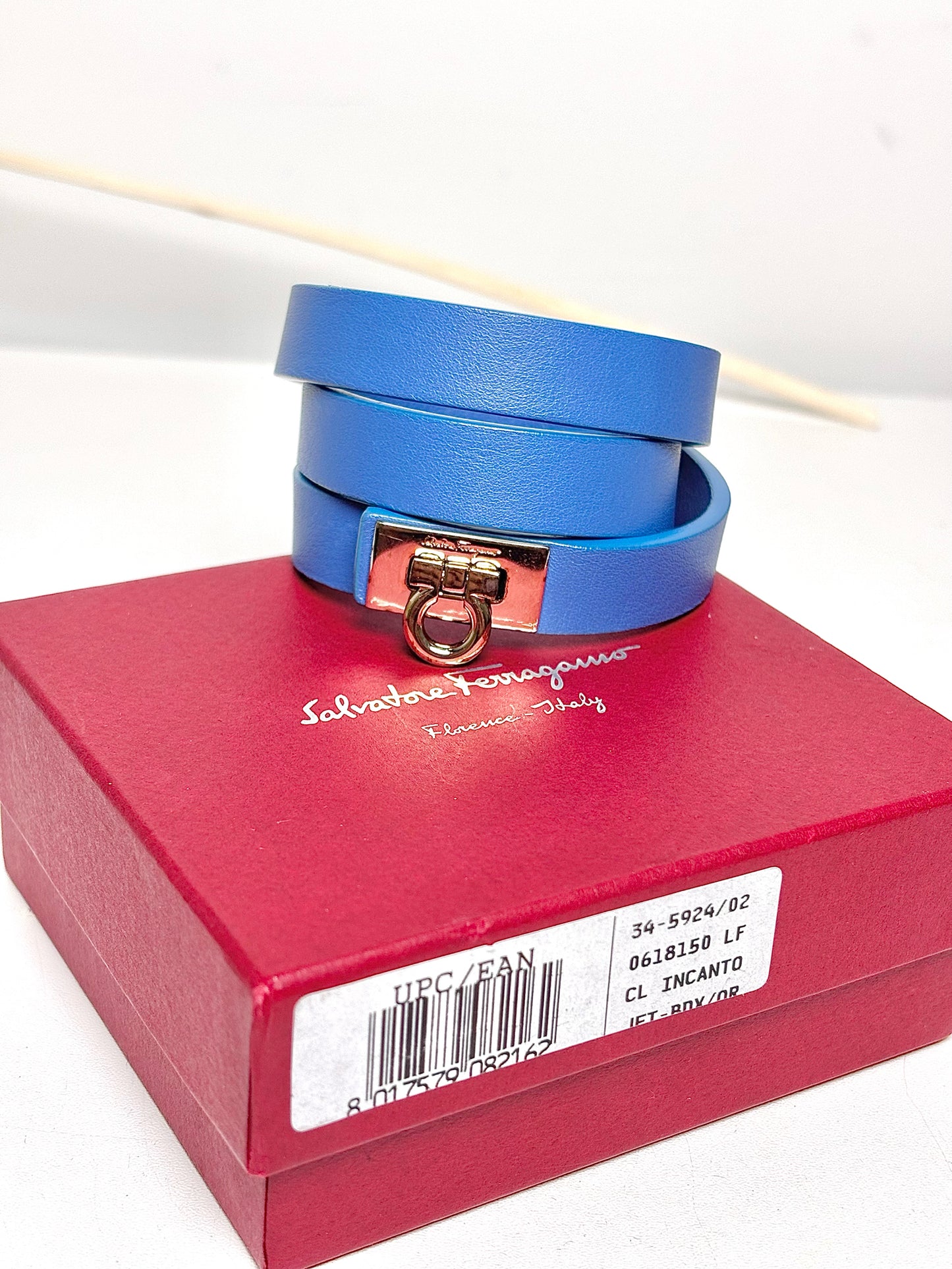 Salvatore Ferragamo Blue Gancini Double Wrap Leather Gold Logo Bracelet