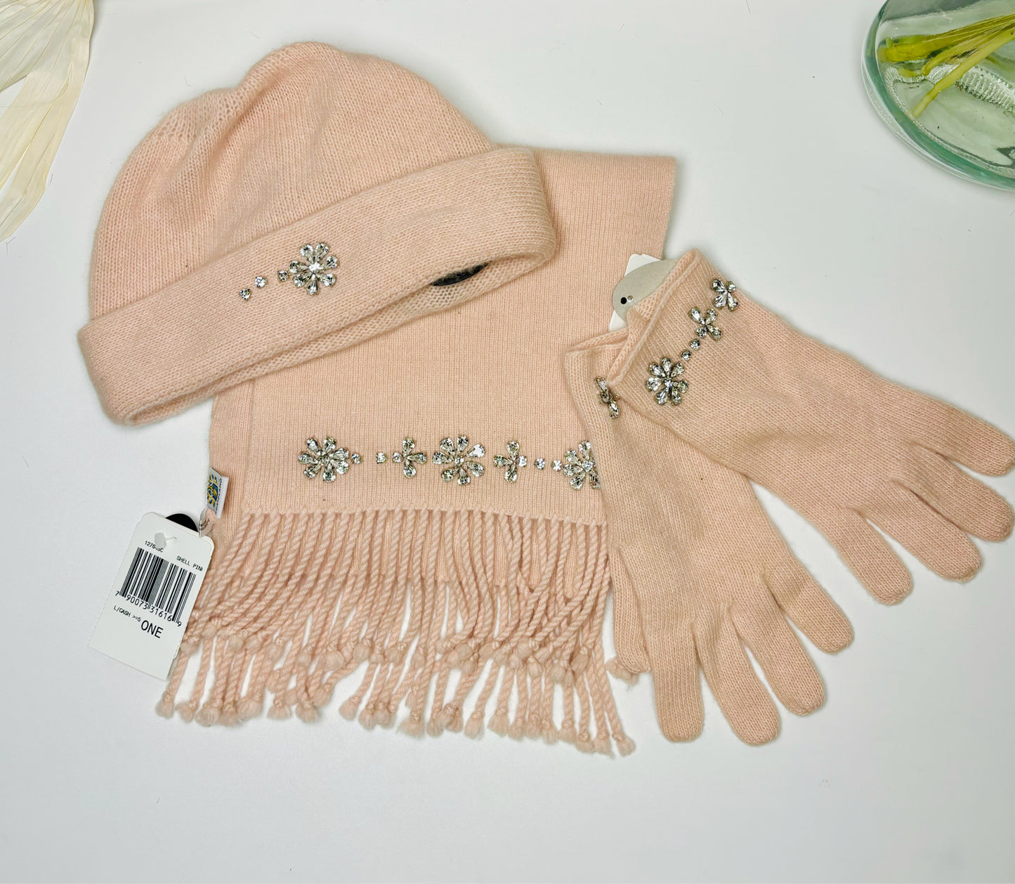 Portolano Pink Solid Cashmere Embellishments Fringe Trim Scarf