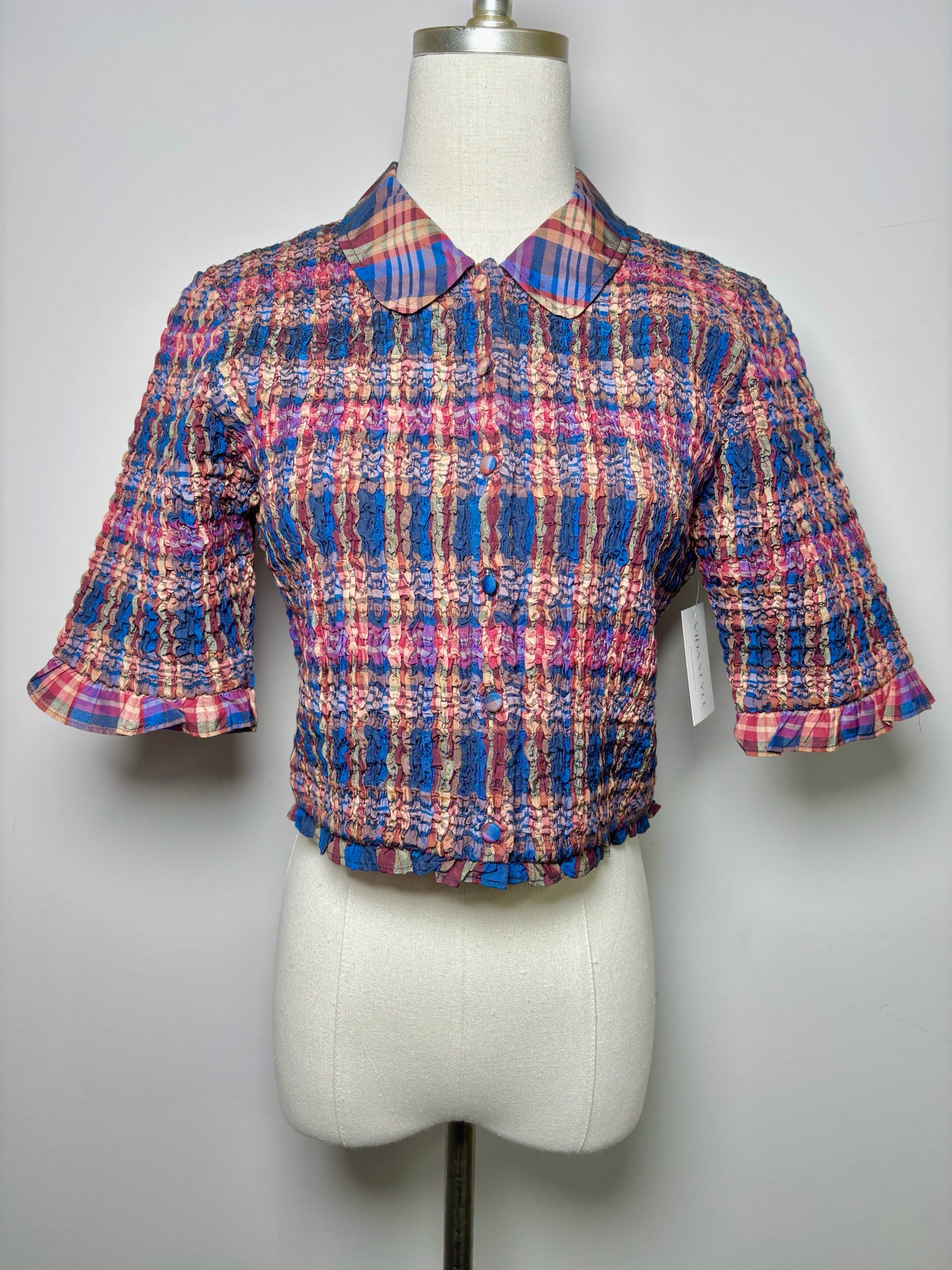 Women Size 8 Ulla Johnson Blue, Burgundy, Purple Plaid Ruched Jules Crop Top
