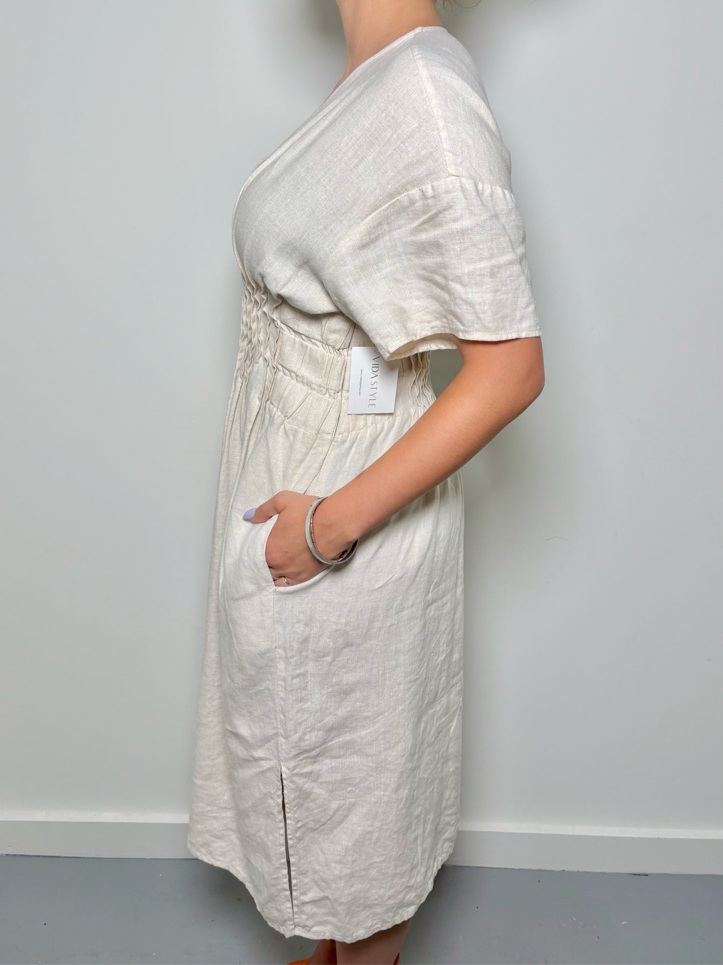 Women Size M Staud Wheat Solid Linen Smocked Waist Midi Dress