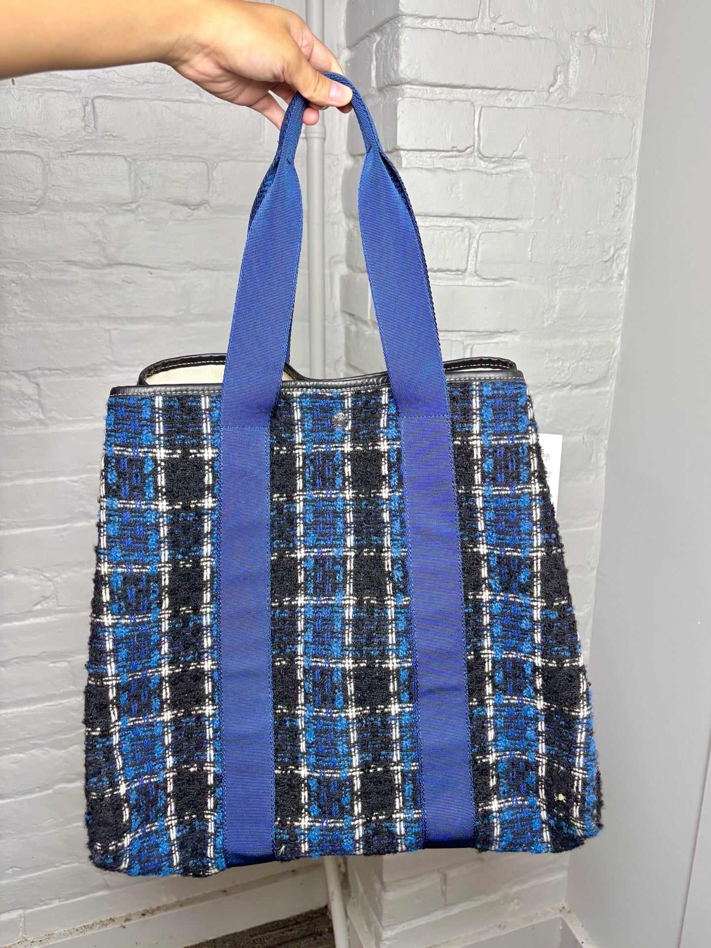 Rue de Verneuil Plaid Wool Pre-owned Blue, Black, Cream Purse