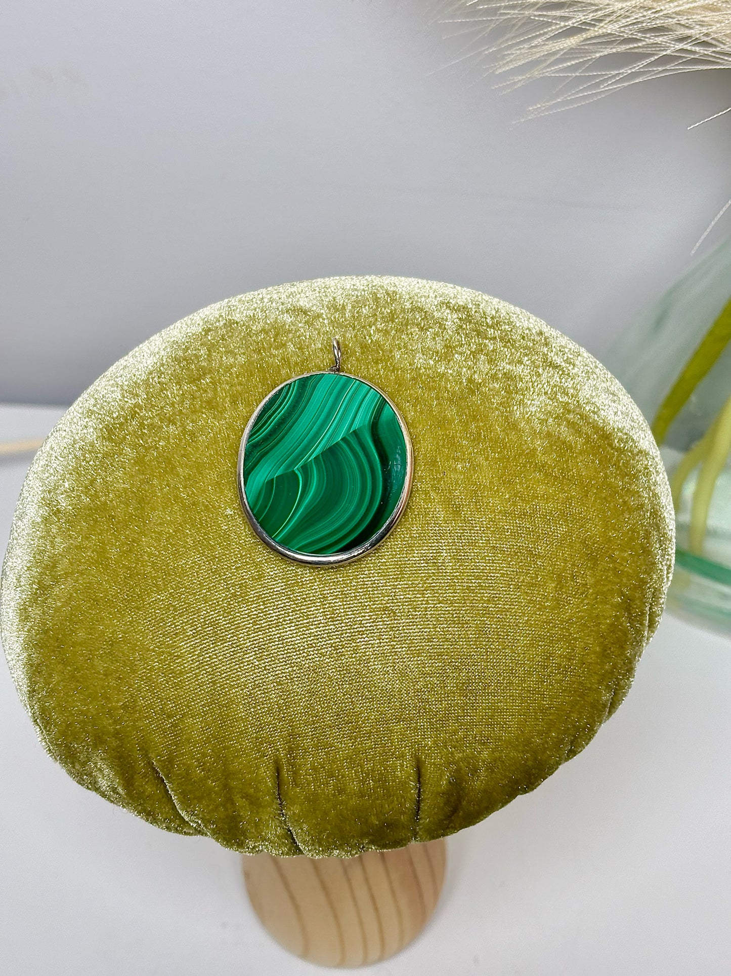 Green Malachite Sterling Silver Setting Flat Pendant