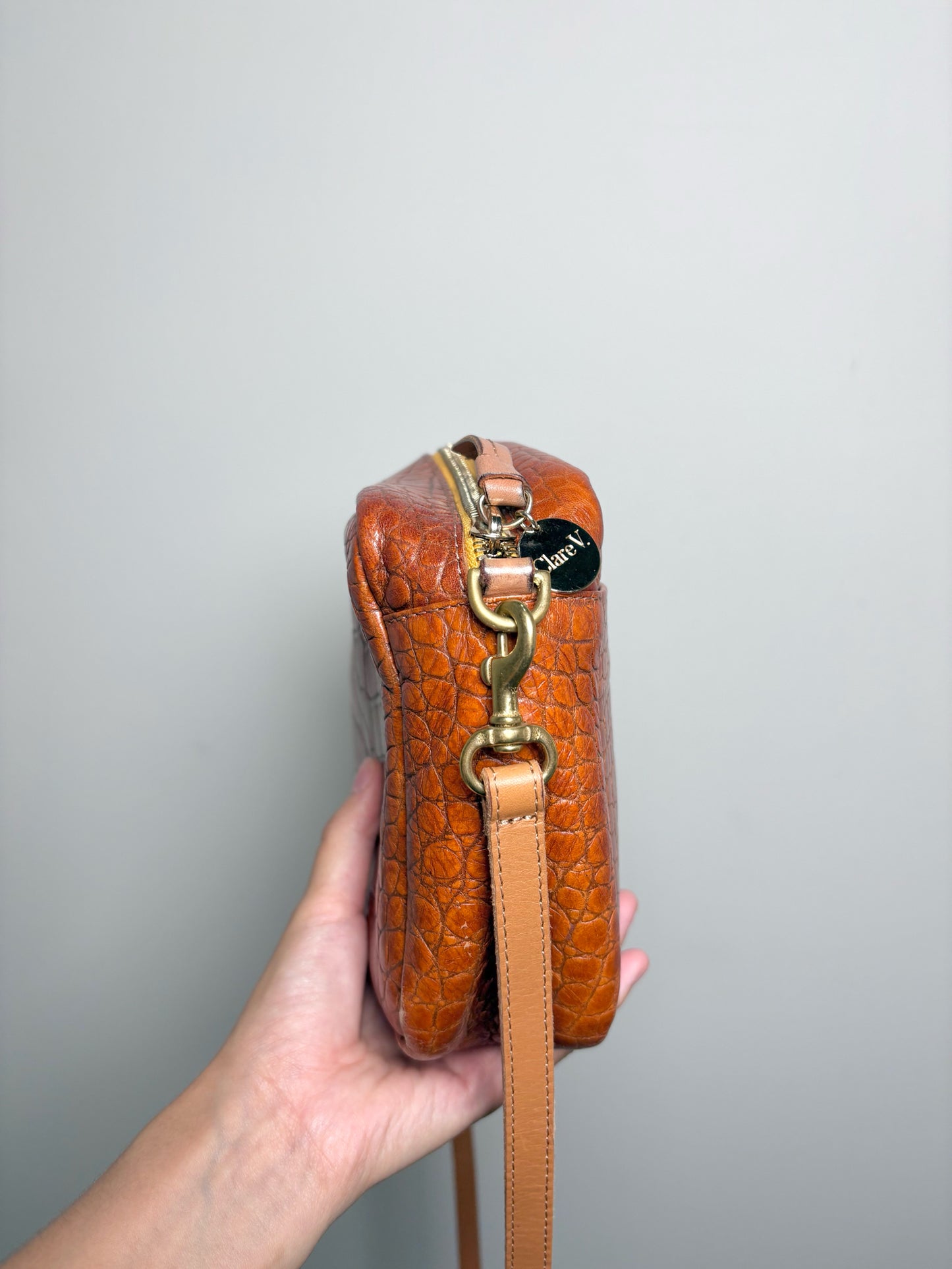 Leather Clare V. Croc Embossed Leather Pre-owned Cognac Small Purse