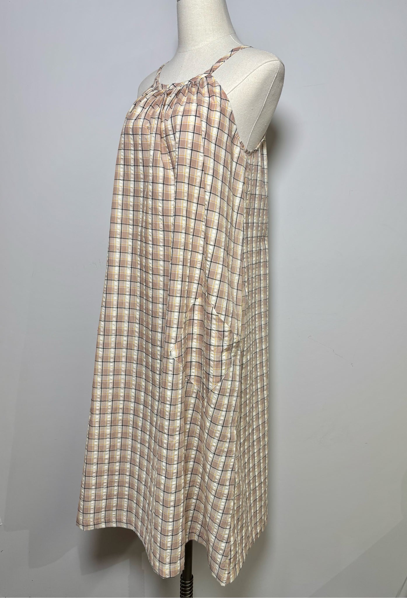Women Size XS Sundays Taupe, Cream, Black, Yellow Checkered NWT Dress