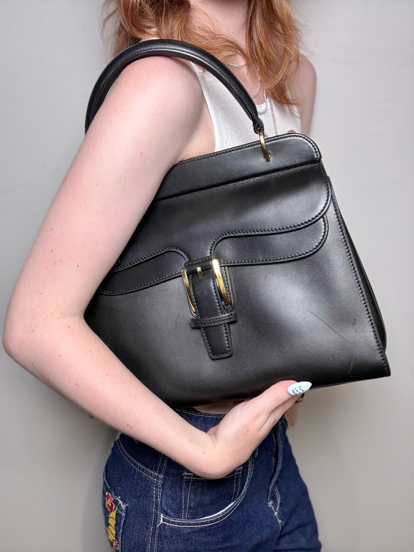 Women's Gucci Top Handle Vintage Leather Pre-owned Black "Kelly" Purse