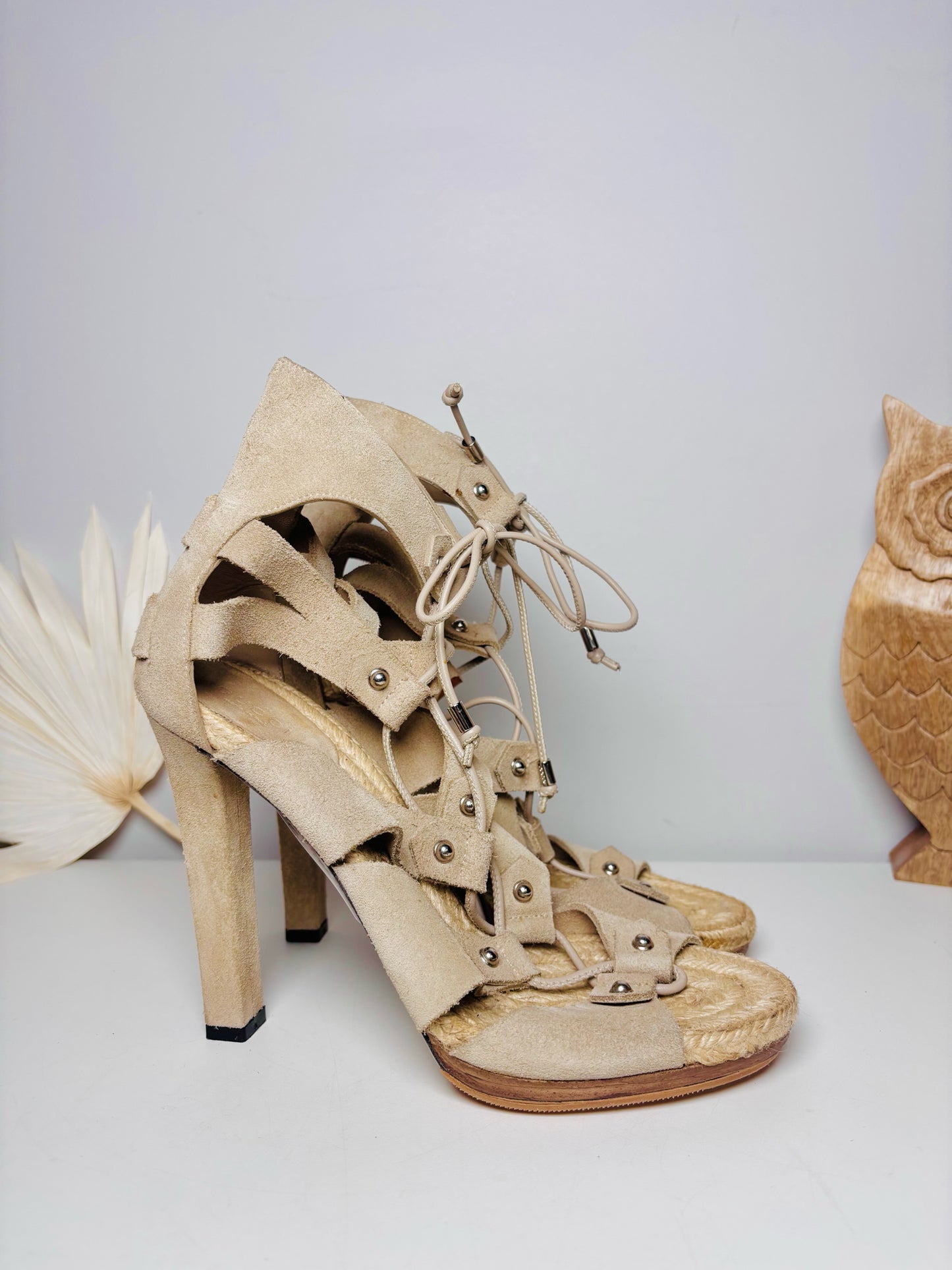 W Shoe Size 40 (9.5, US) Gucci Khaki Leather Suede Jasmine Lace Espadrille Heels