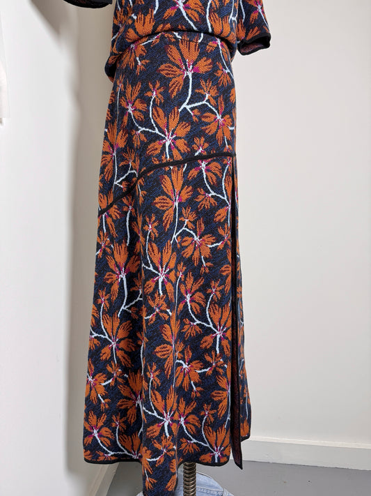 Women Size L Ulla Johnson Navy, Orange Floral NWT Sabra Piped Jacquard Skirt
