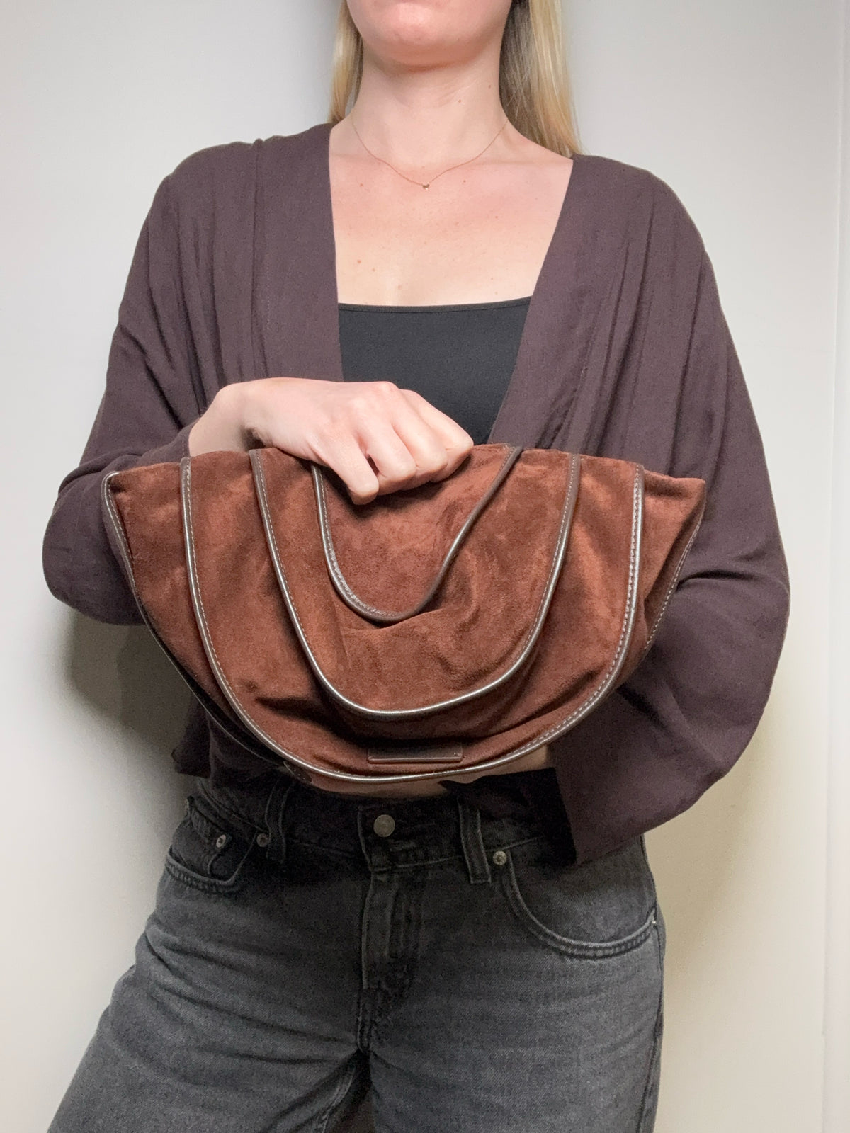Women's STAUD Wells Convertible Brown Suede Black Leather Pre-Owned Shoulder Bag / Clutch