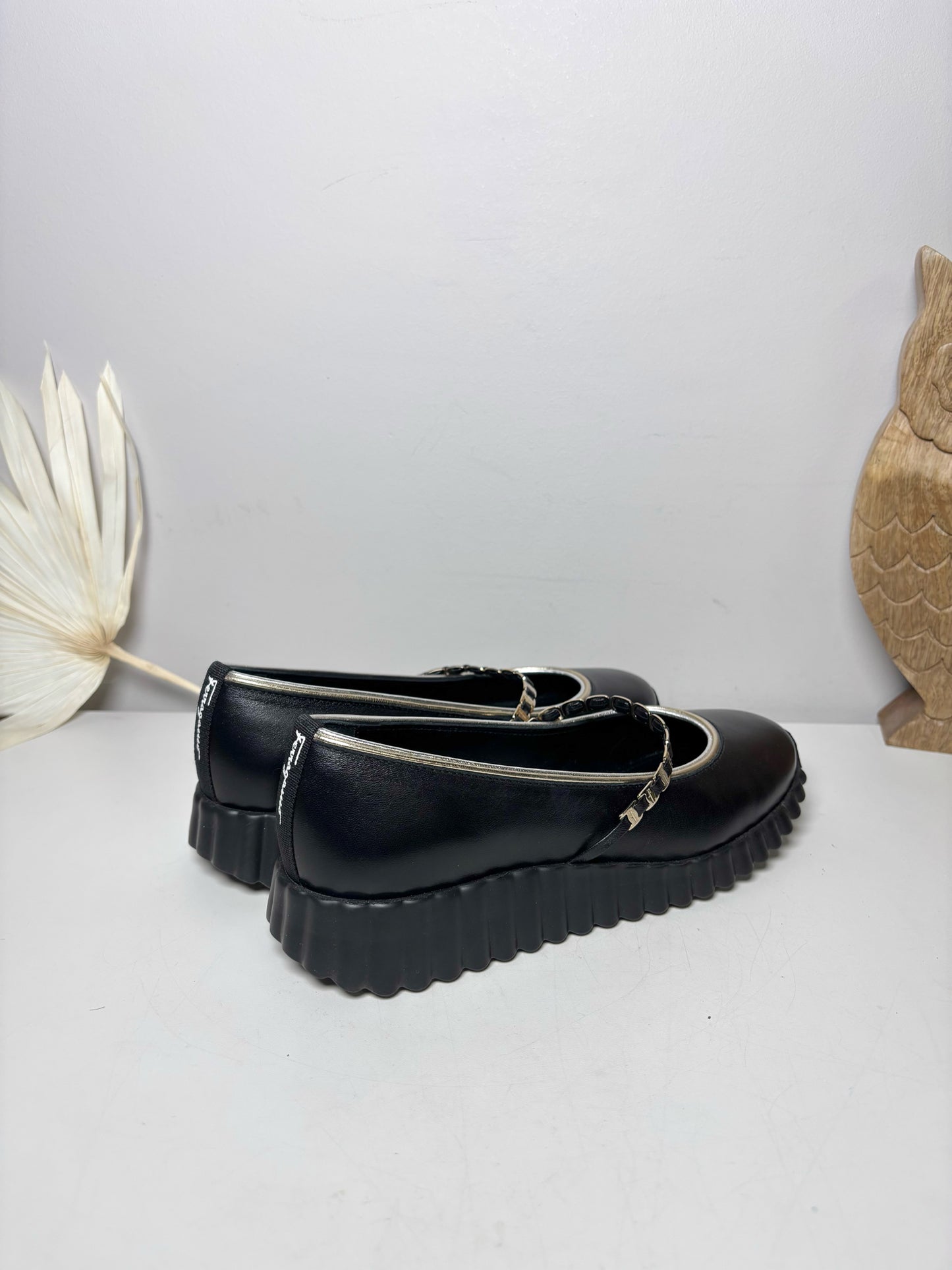 W Shoe Size 6.5 Salvatore Ferragamo Black Leather Mary Jane Slip-ons