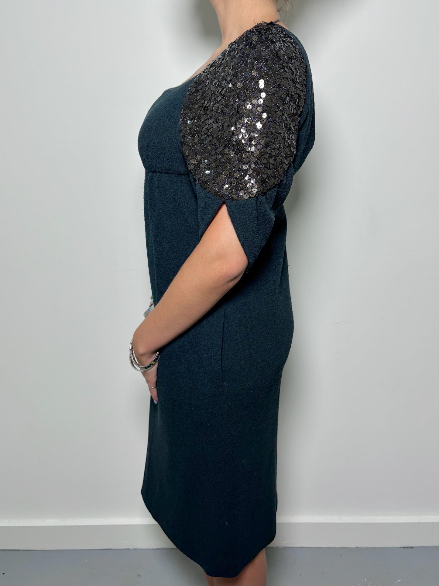 Chanel Cocktail Sequins Sleeves Sheath Black Dress, Sz S