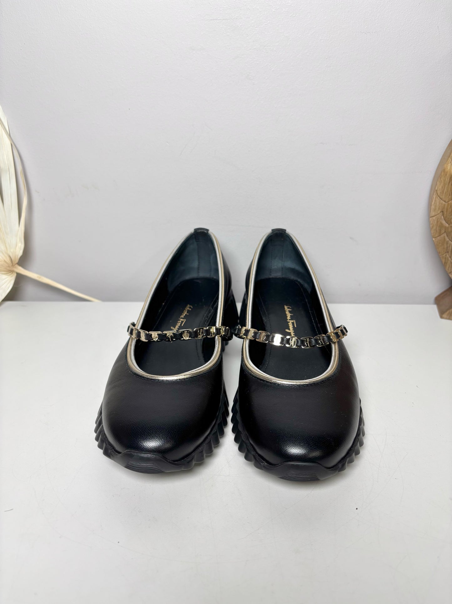 W Shoe Size 6.5 Salvatore Ferragamo Black Leather Mary Jane Slip-ons