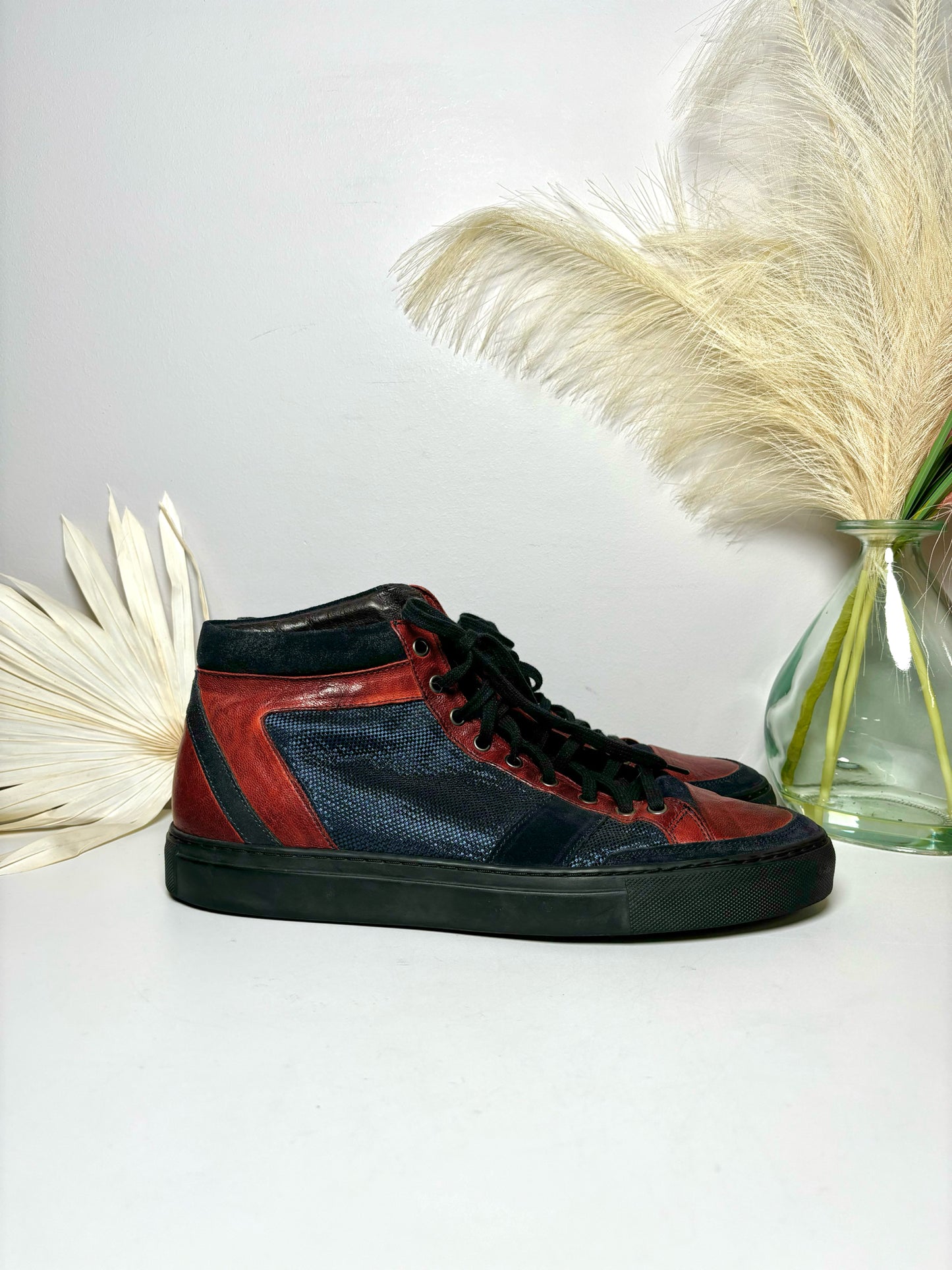 Bacco Bucci Red Leather, Blue Nylon Sz 12 Men's Tennis Shoes