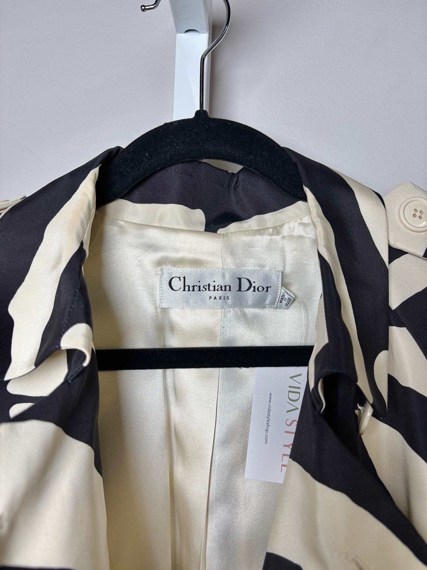 Women Size 8 Christian Dior Black, Cream Zebra Silk Trench Coat