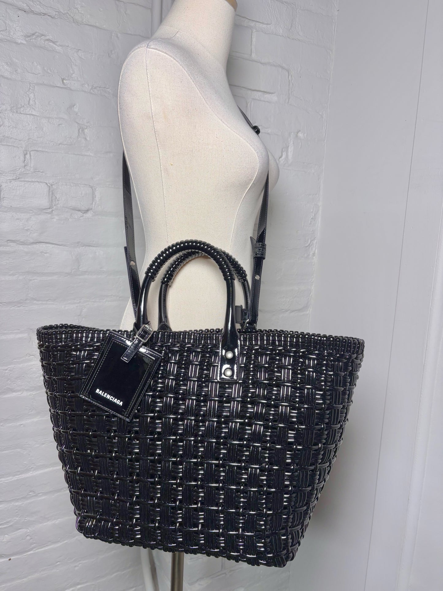 Balenciaga Woven PVC Shiny Black Bistro Basket Shopper