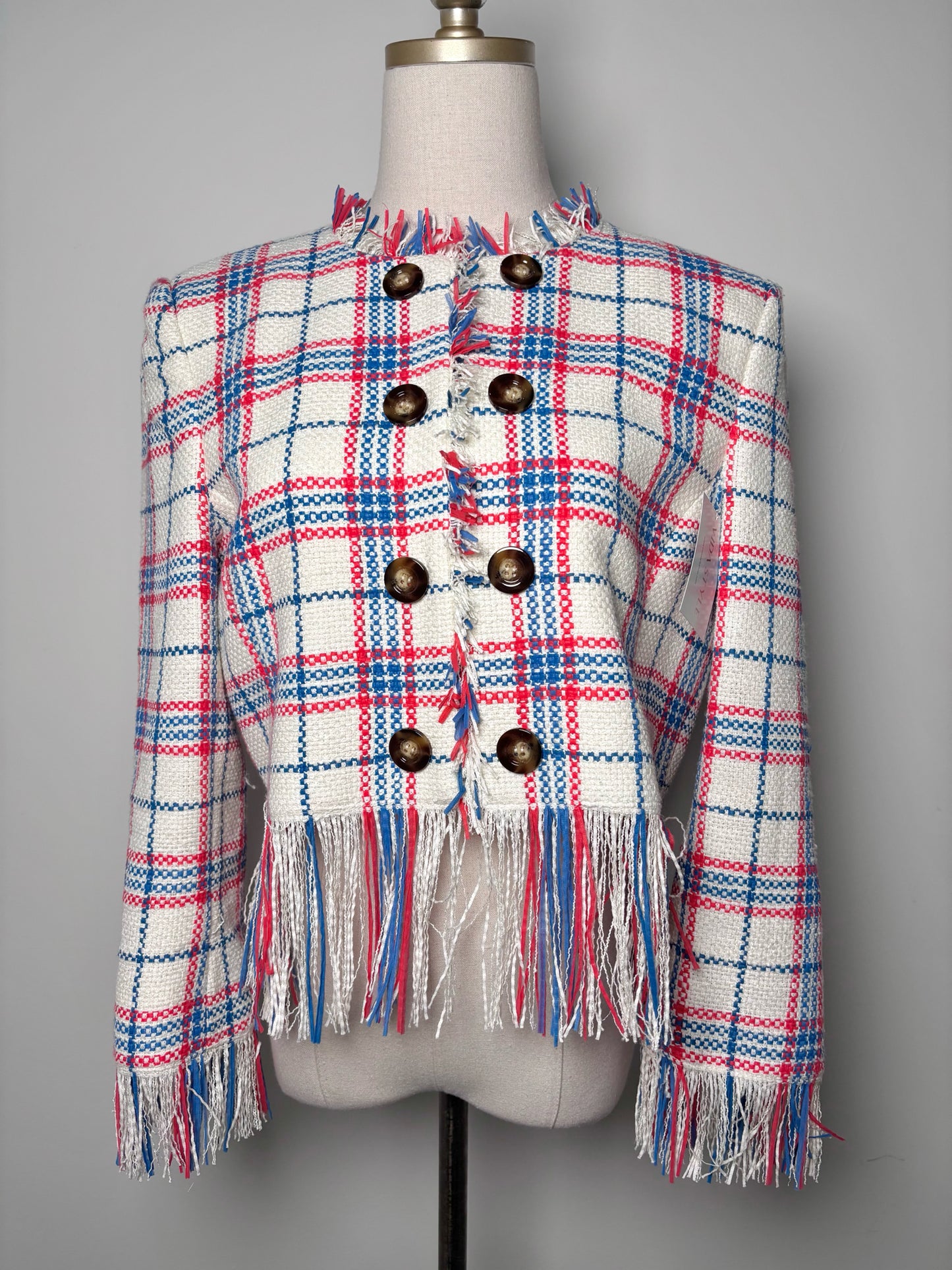 Women Size 10 Veronica Beard Cream, Blue, Red Checkered, Fringed Blazer
