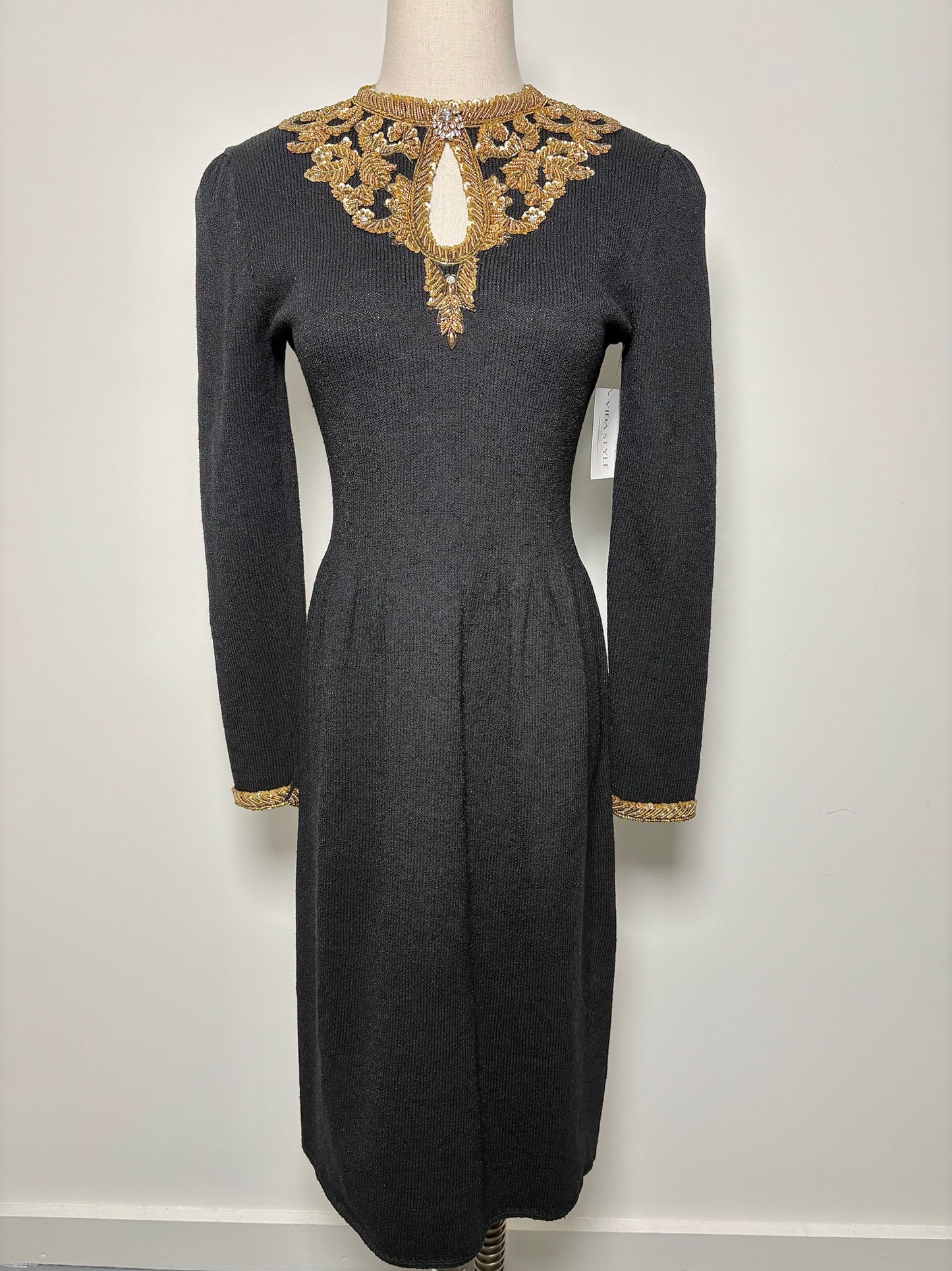 Women Size 4 Saks Fifth Avenue Black Solid Wool Gold Beading Sheath Dress