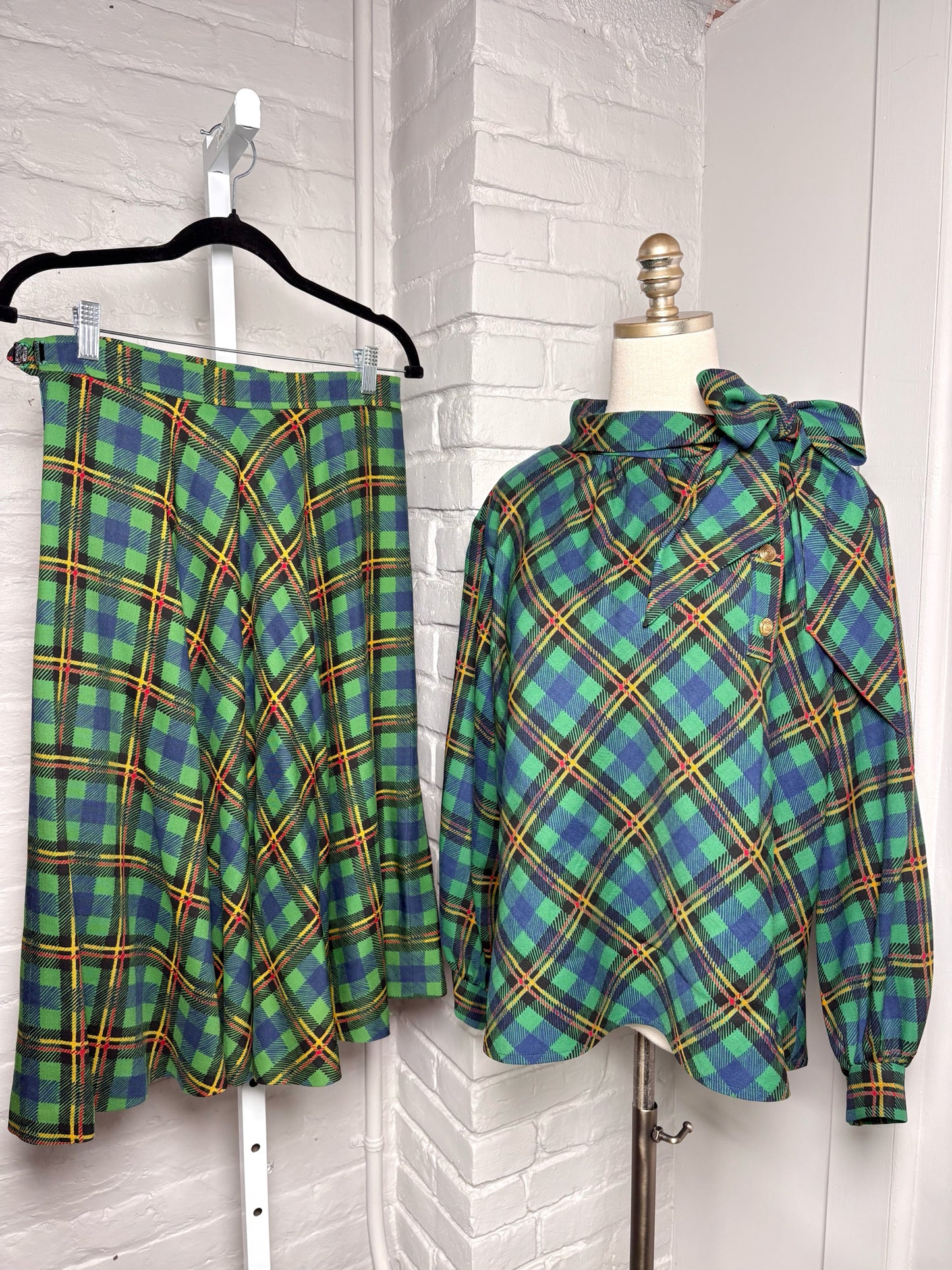 Women Size 44 (12-14) Saint Laurent Green Plaid Vintage Top