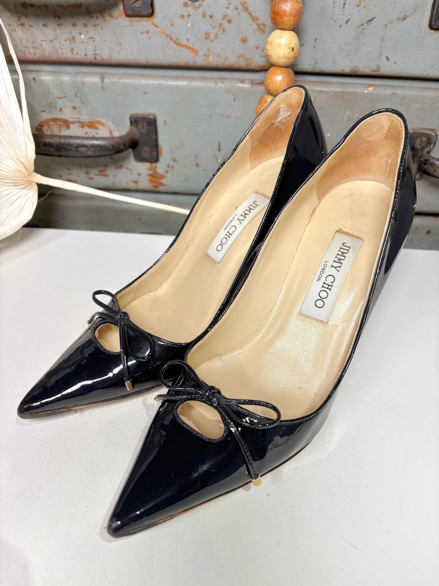 W Shoe Size 38.5 Jimmy Choo Black Leather Patent Heels