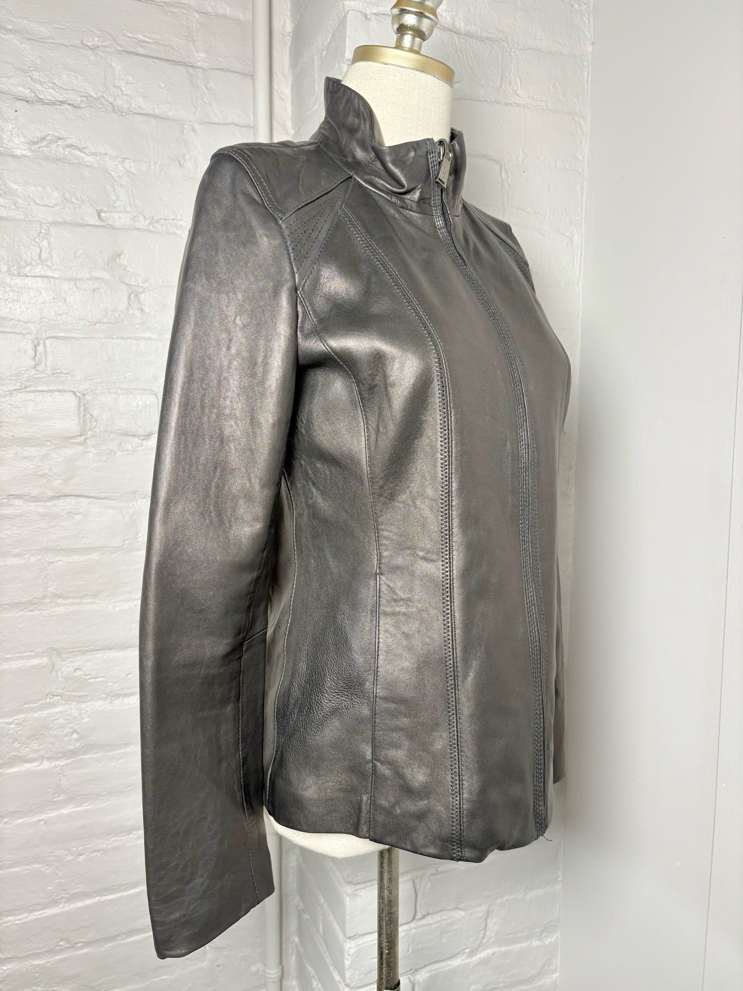 Women Size S DKNY Black Solid Leather Jacket