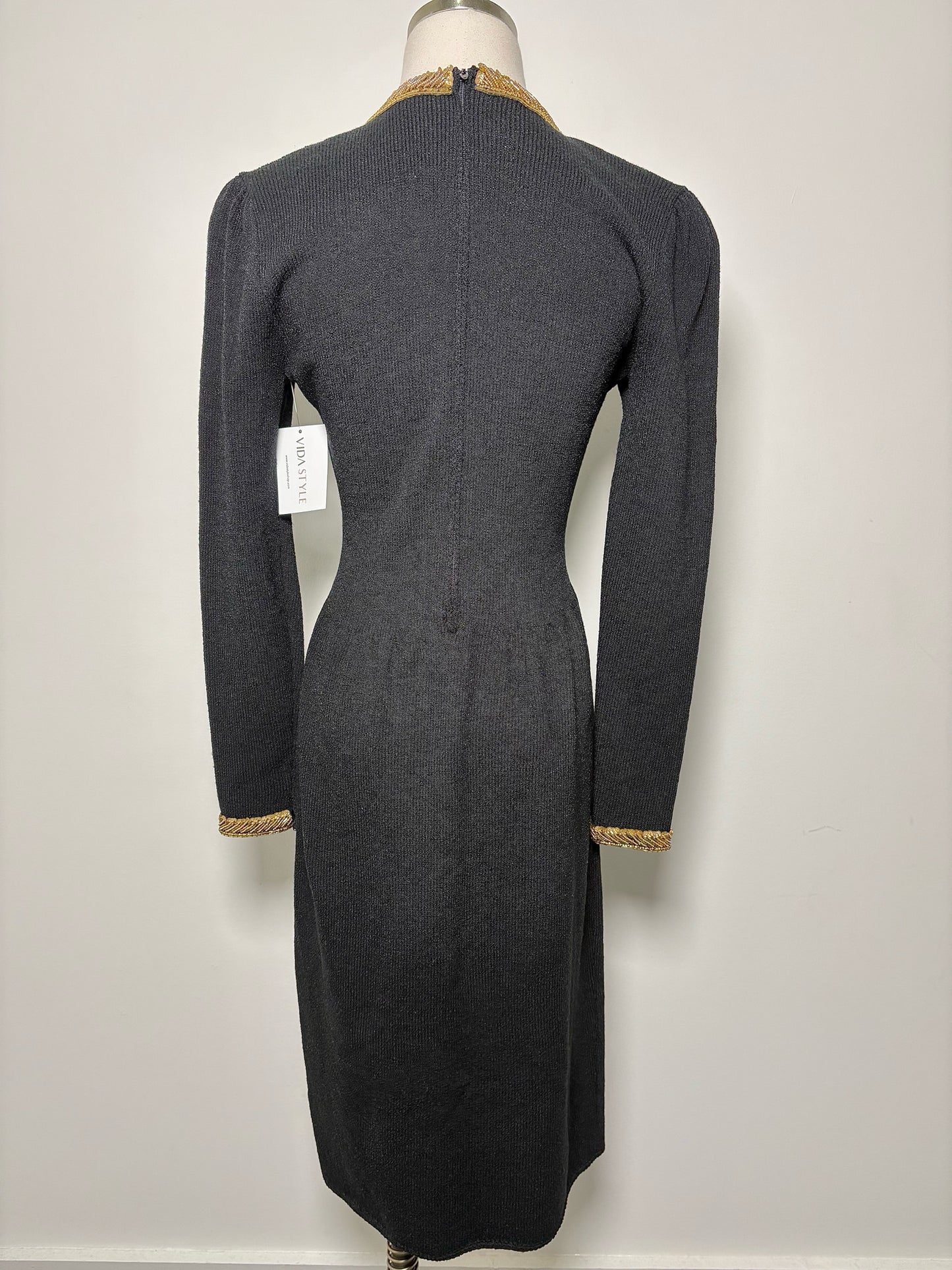 Women Size 4 Saks Fifth Avenue Black Solid Wool Gold Beading Sheath Dress
