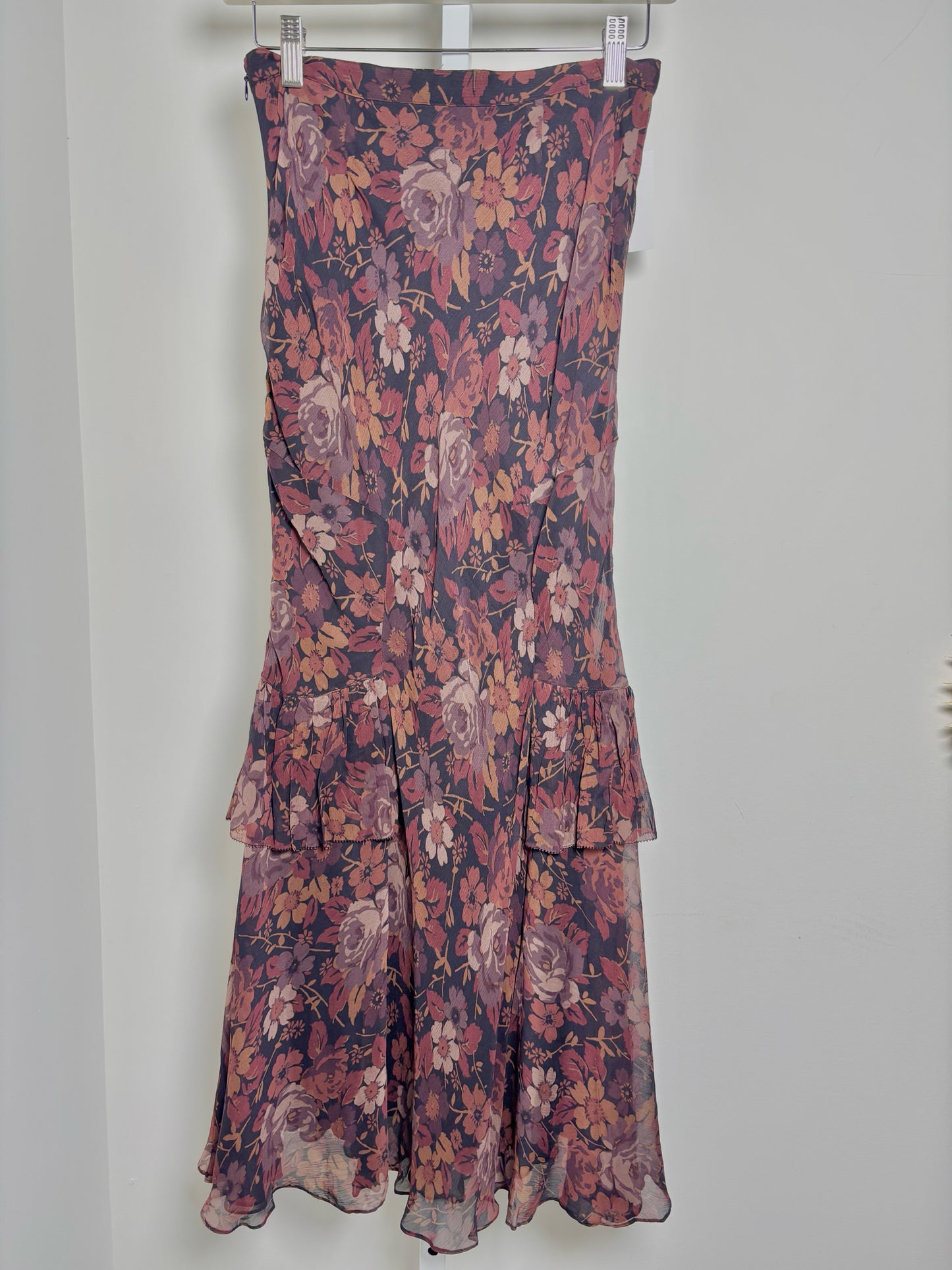 Women Size 2 Polo Ralph Lauren Burgundy, Black, Cream Floral Print Maxi Skirt