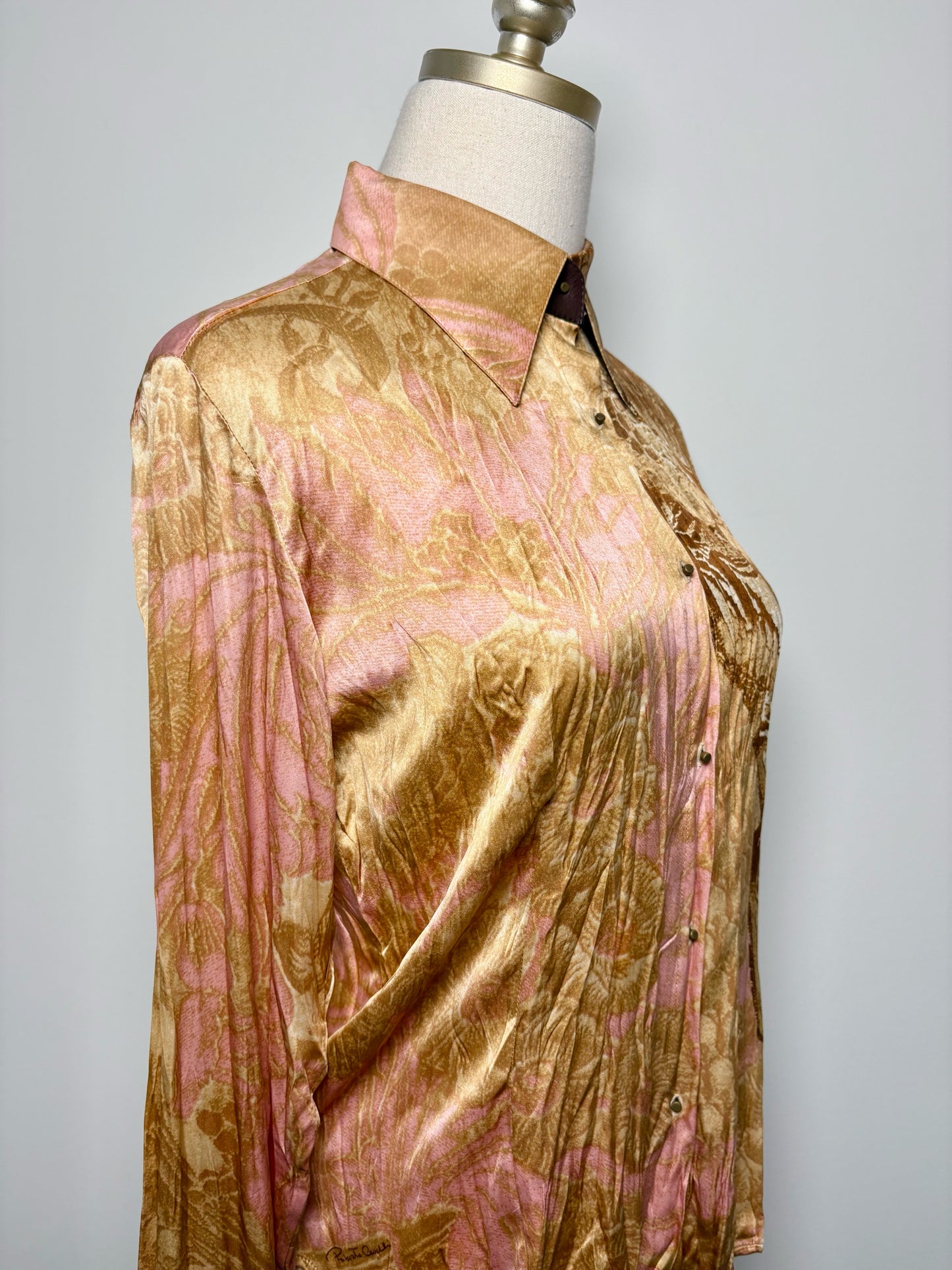 Women Size L Roberto Cavalli Brown, Tan, Pink Floral Print Silk Blouse