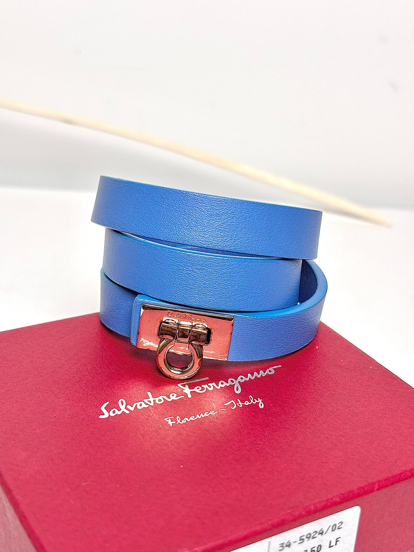 Salvatore Ferragamo Blue Gancini Double Wrap Leather Gold Logo Bracelet