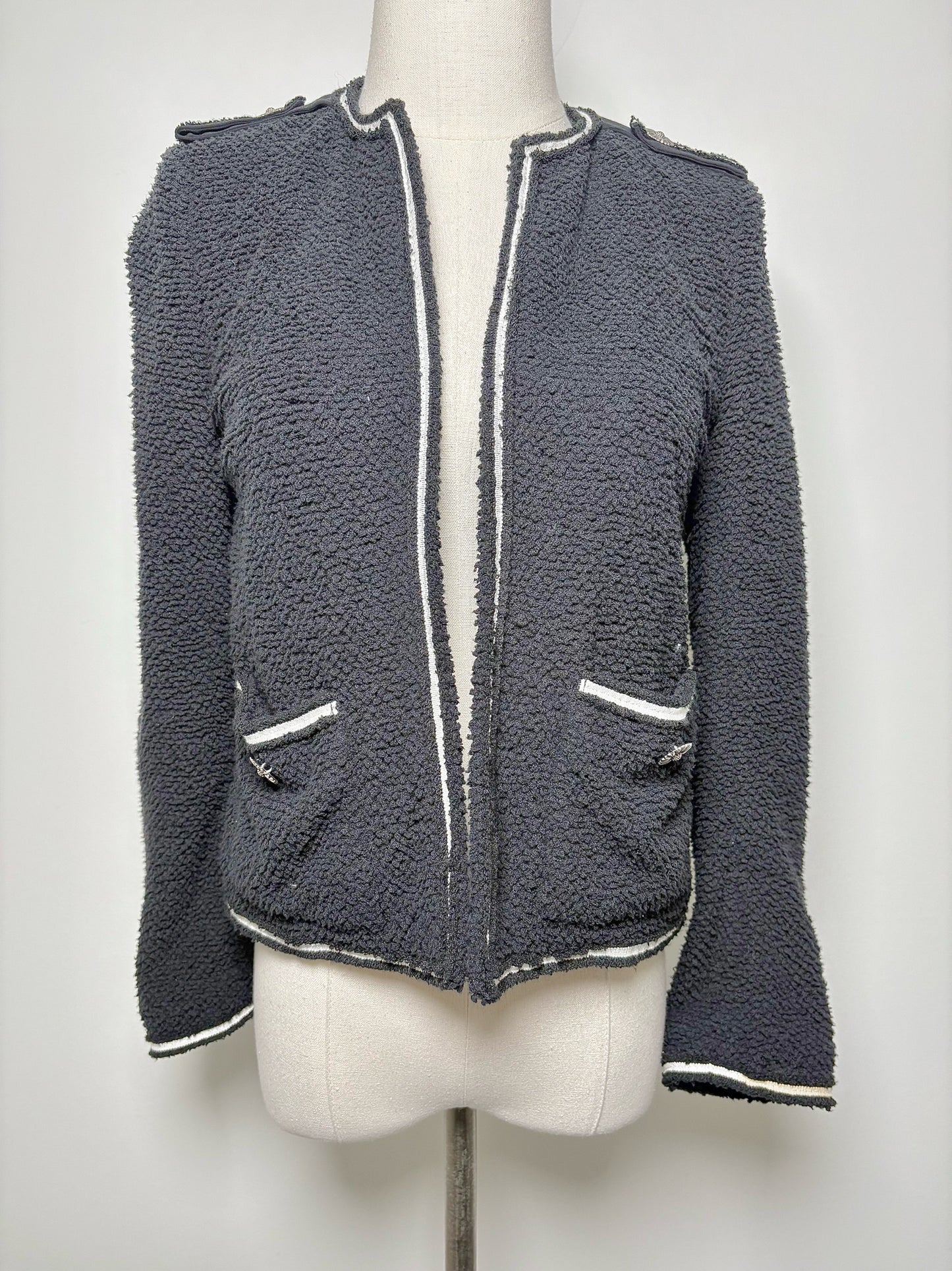 Ladies Blazer - The Kooples Black w/ White Trim Silver Daisies Open Front (S)