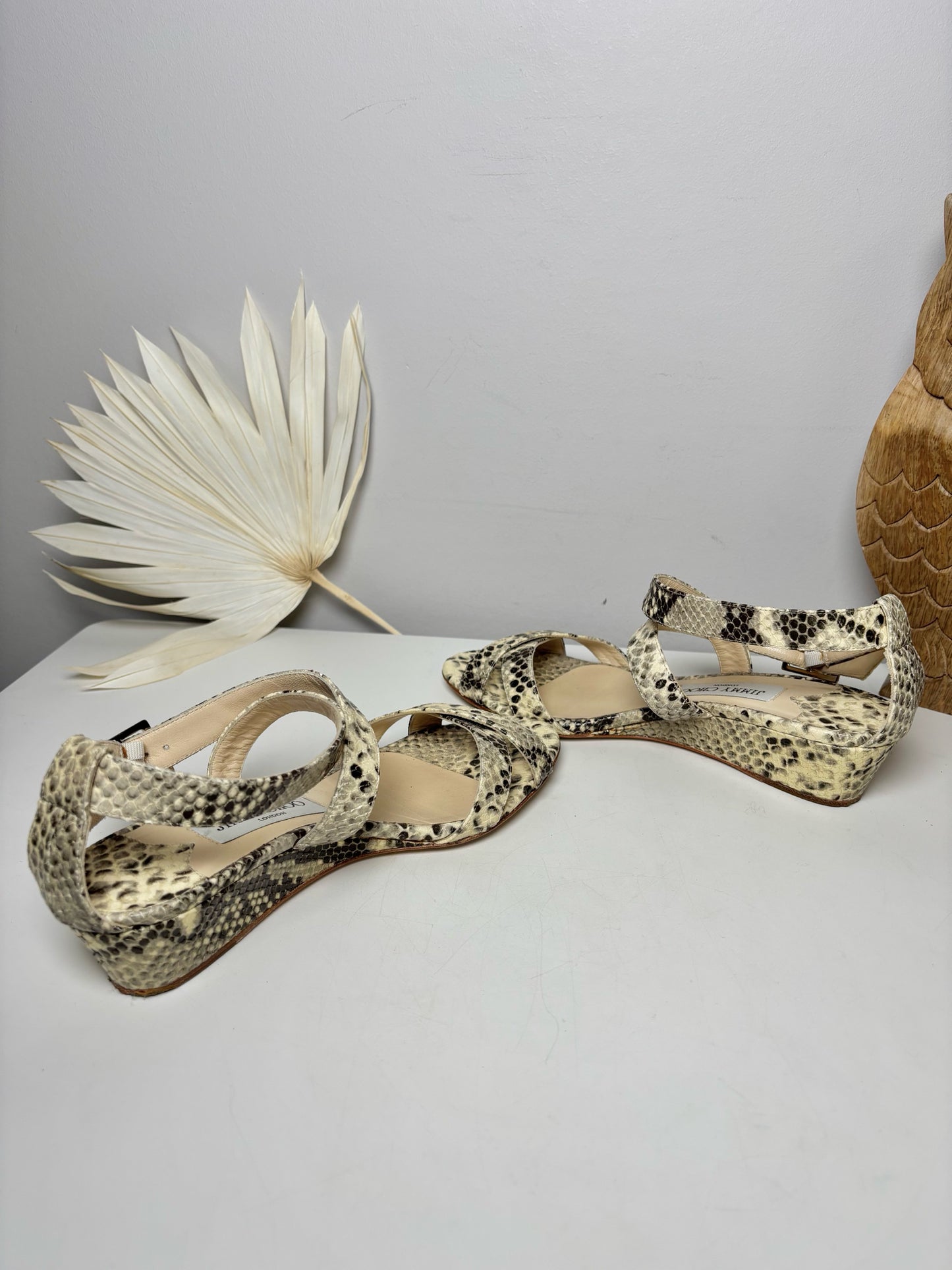 W Shoe Size 37 Jimmy Choo Brown, Cream Leather Snakeprint Sandals