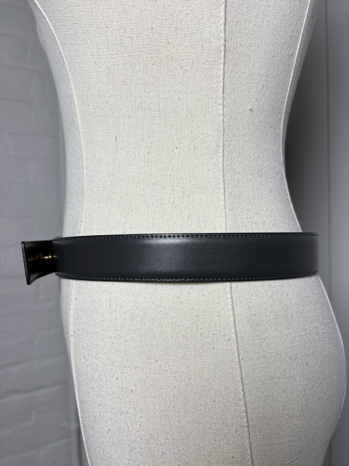 Escada Leather Charcoal  L/XL Belt EE Gold Tone Logo
