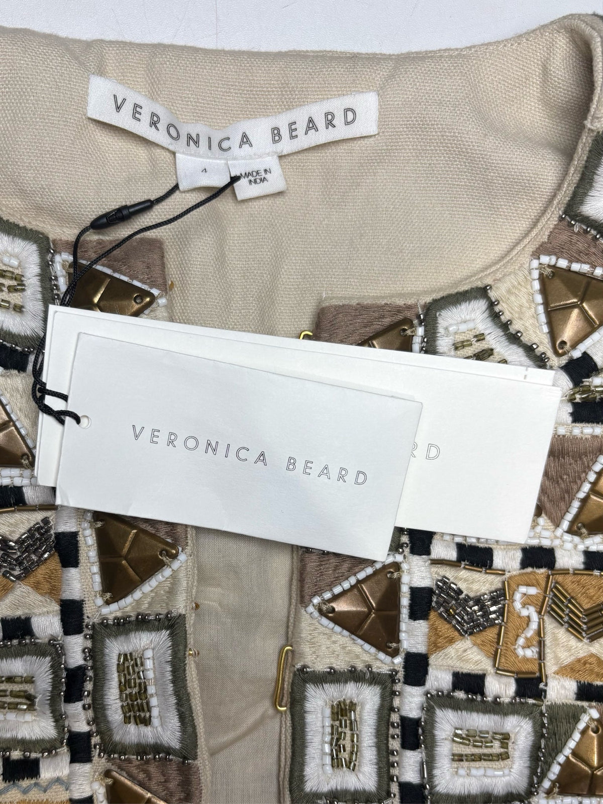 4 Women Size 4 Veronica Beard Daryl Beige Multi-Color Beaded Pure Cotton NWT Pre-Owned Jacket