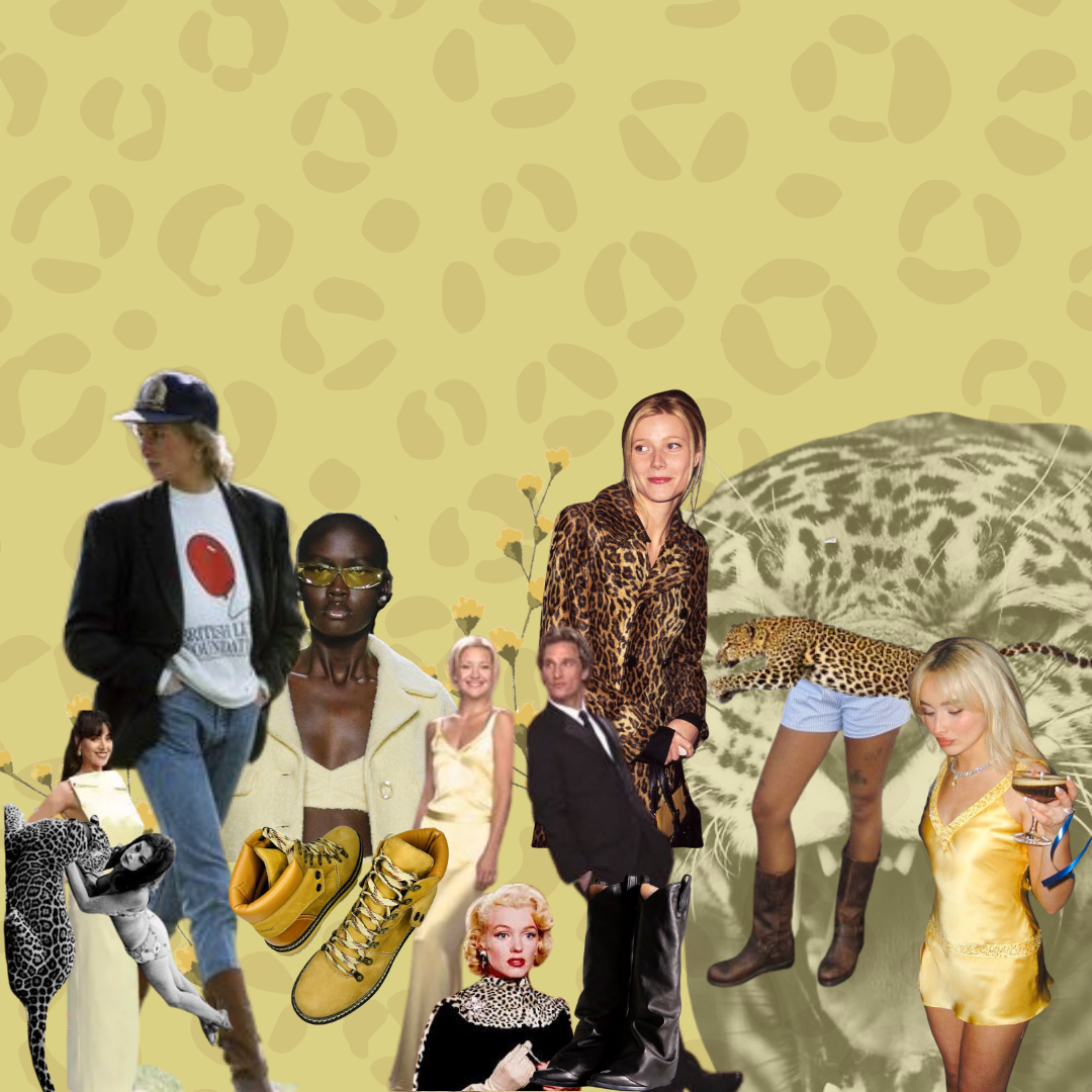 Collage of pictures of Princess Diana, Gwyneth Paltrow and others wearing animal print.