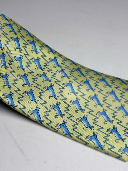 Hermes Green, Blue 100% Silk Flying Blue Bull Men's Vintage Pre-owned Tie
