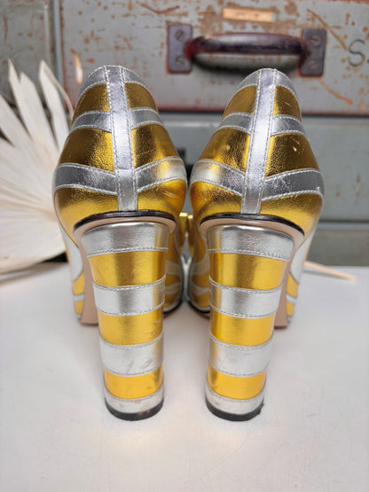 W Shoe Size 36.5 (6.5 US) Gucci Metallic Gold, Silver Leather Loafers