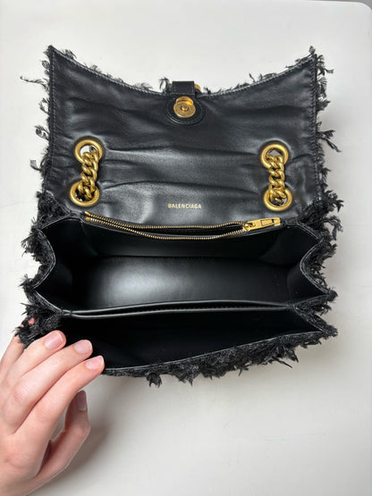 Women's Authentic Balenciaga Crush Chain Black Fabric Feather Gold-Tone NWT Pre-Owned Shoulder Bag