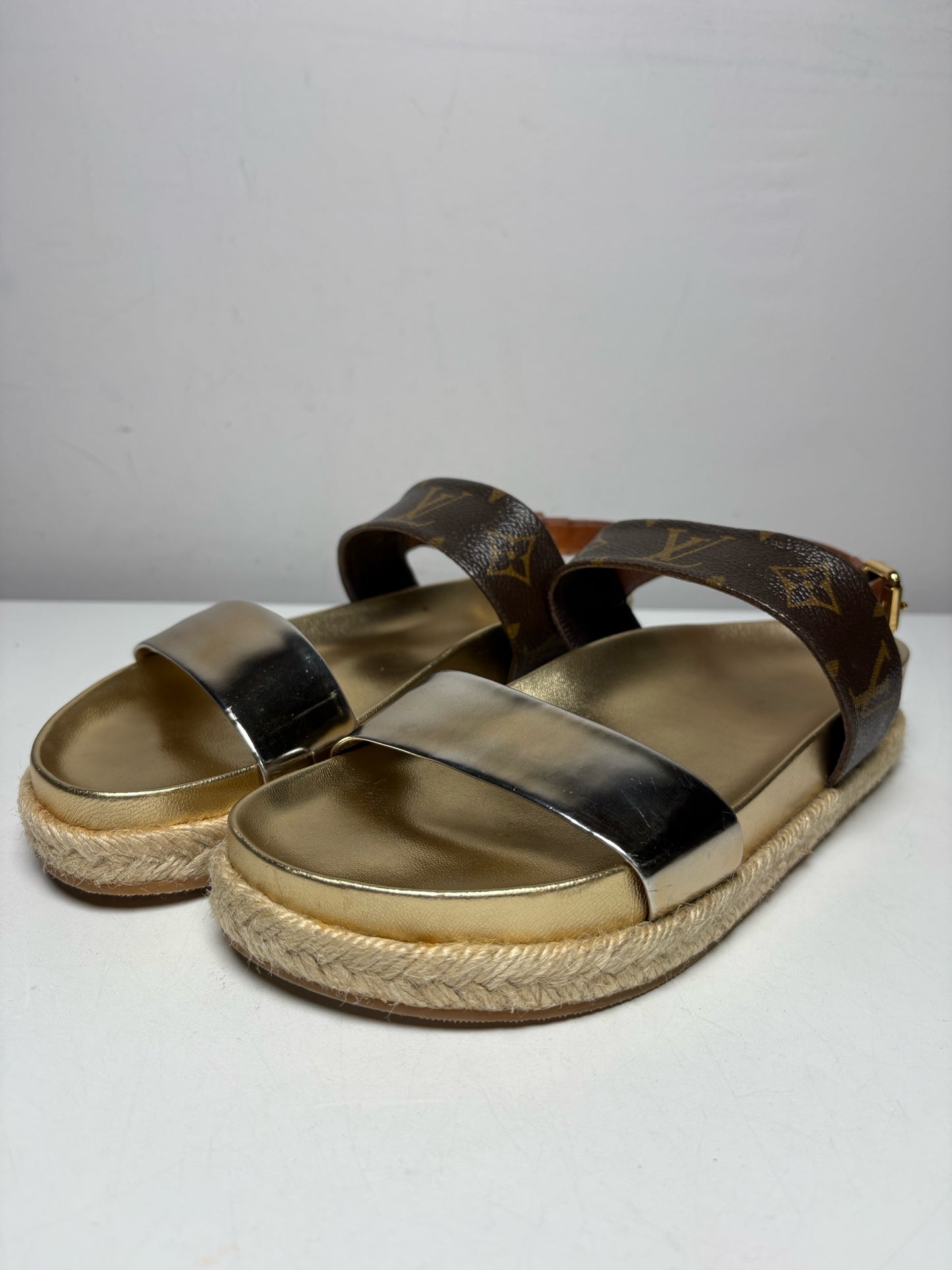 Women's Shoe Size 37 Louis Vuitton Odyssey Gold Brown Leather Authentic Pre-Owned Espadrille Sandals