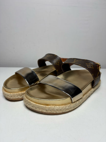 Women's Shoe Size 37 Louis Vuitton Odyssey Gold Brown Leather Authentic Pre-Owned Espadrille Sandals