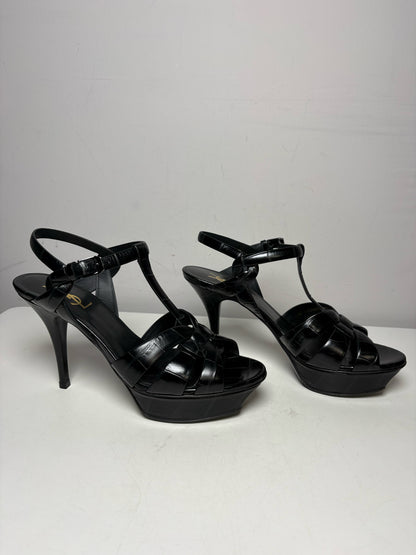 Women's Size 39.5 Authentic Yves Saint Laurent Tribute Black Croc-Embossed Leather Pre-Owned Heels