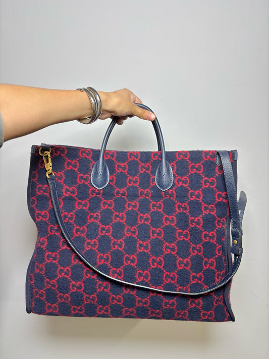Blue, Red Double-G Monogram Wool Tote Bag