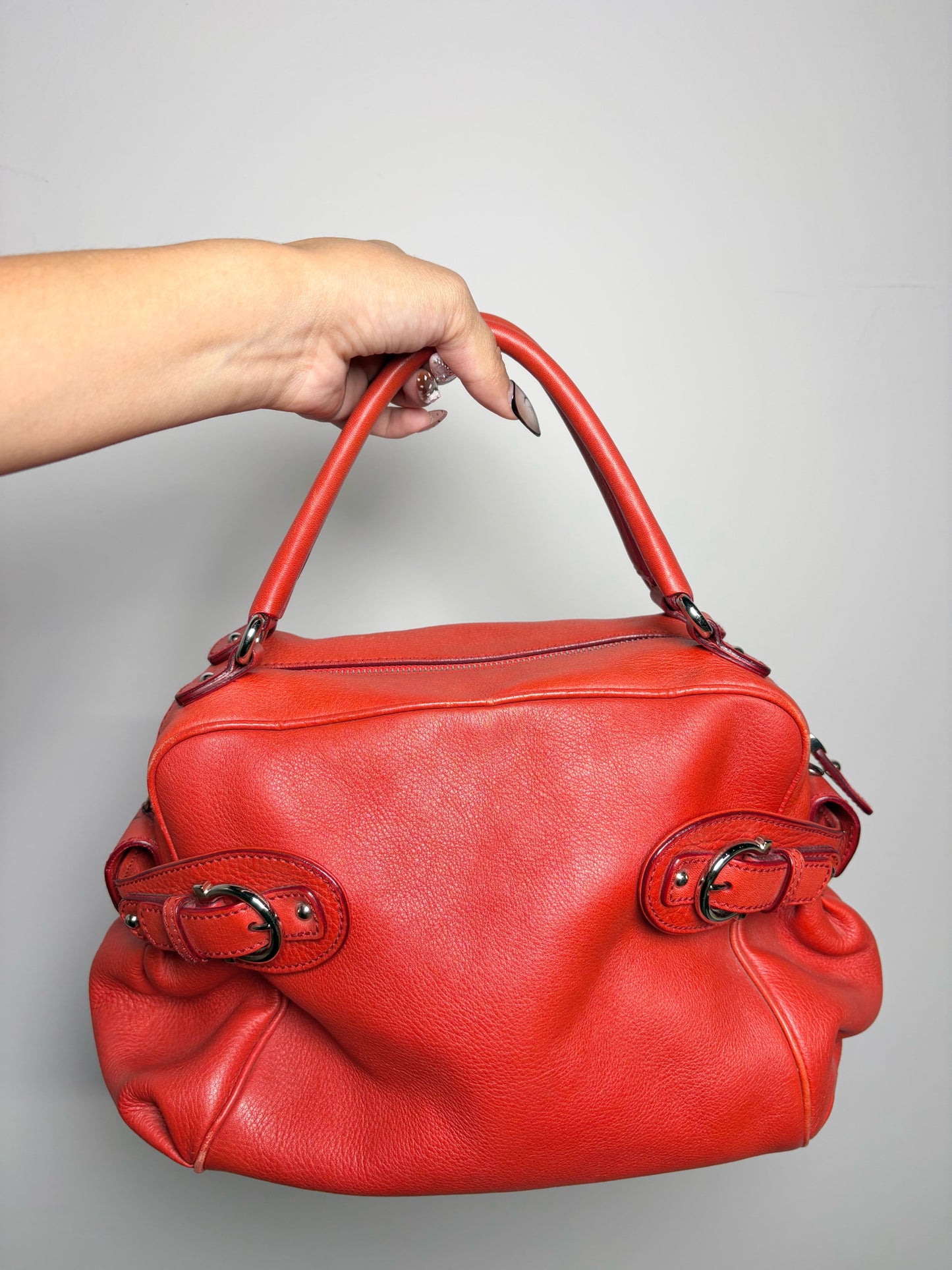 Salvatore Ferragamo Solid Pebble Leather Red Calfskin Medium Purse