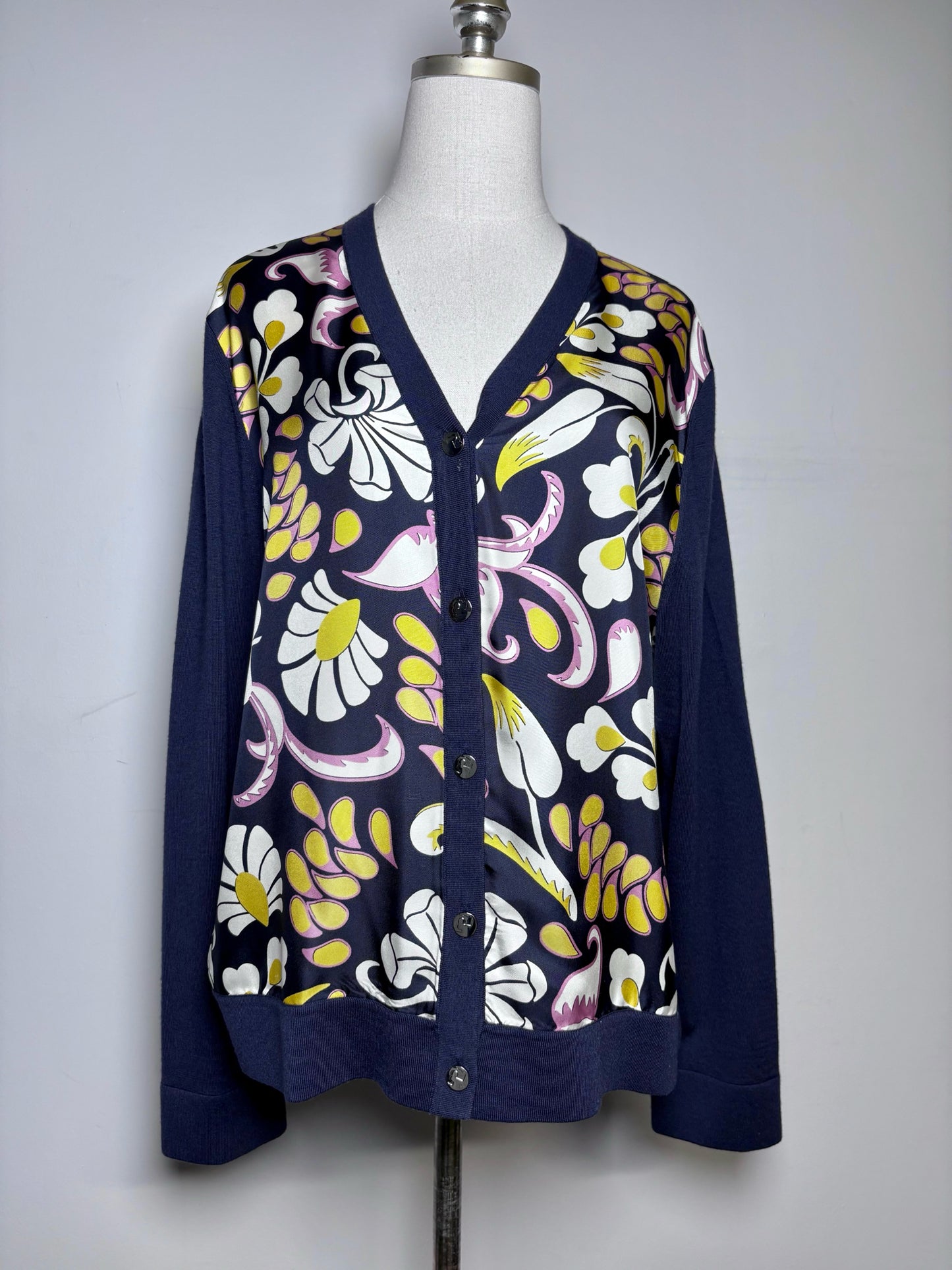 Women Size XL Tory Burch Navy,yellow,white & purple Floral Abstract Cardigan