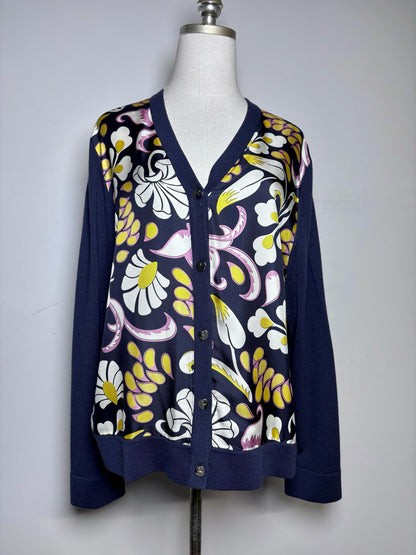 Women Size XL Tory Burch Navy,yellow,white & purple Floral Abstract Cardigan