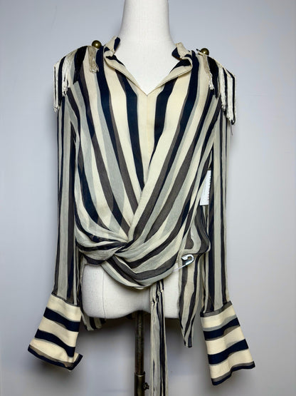 Women Size 8 Monse Bone, Black, Blue Striped 100% Silk Pin-Embellished Blouse