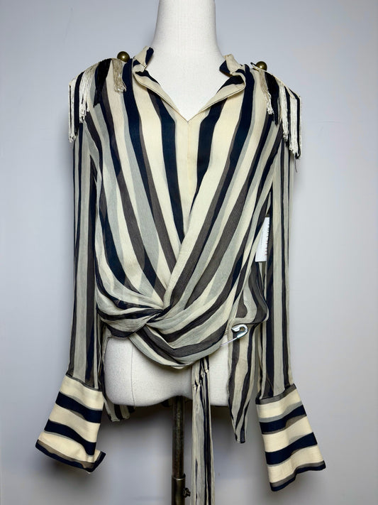 Women Size 8 Monse Bone, Black, Blue Striped 100% Silk Pin-Embellished Blouse