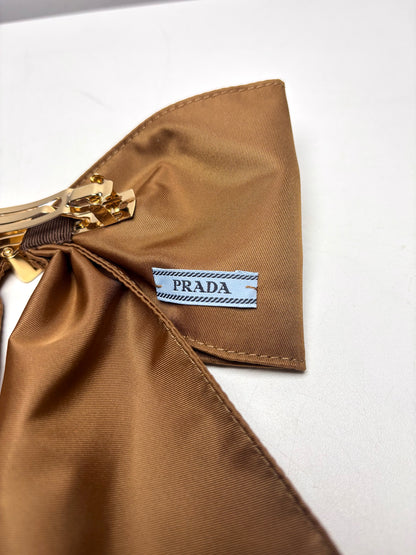 Prada Recycled Nylon Brown Hair Clip/Bow w/Triangle Logo Pre-owned