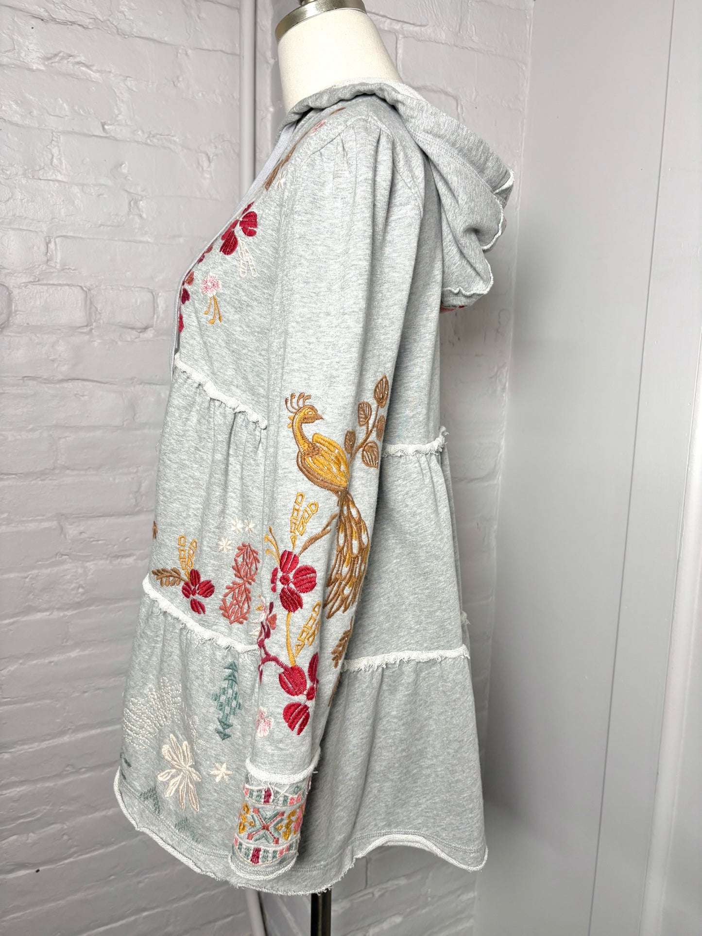 Women Size S Johnny Was Gray Embroidered Cotton Zip Front Hood Jacket